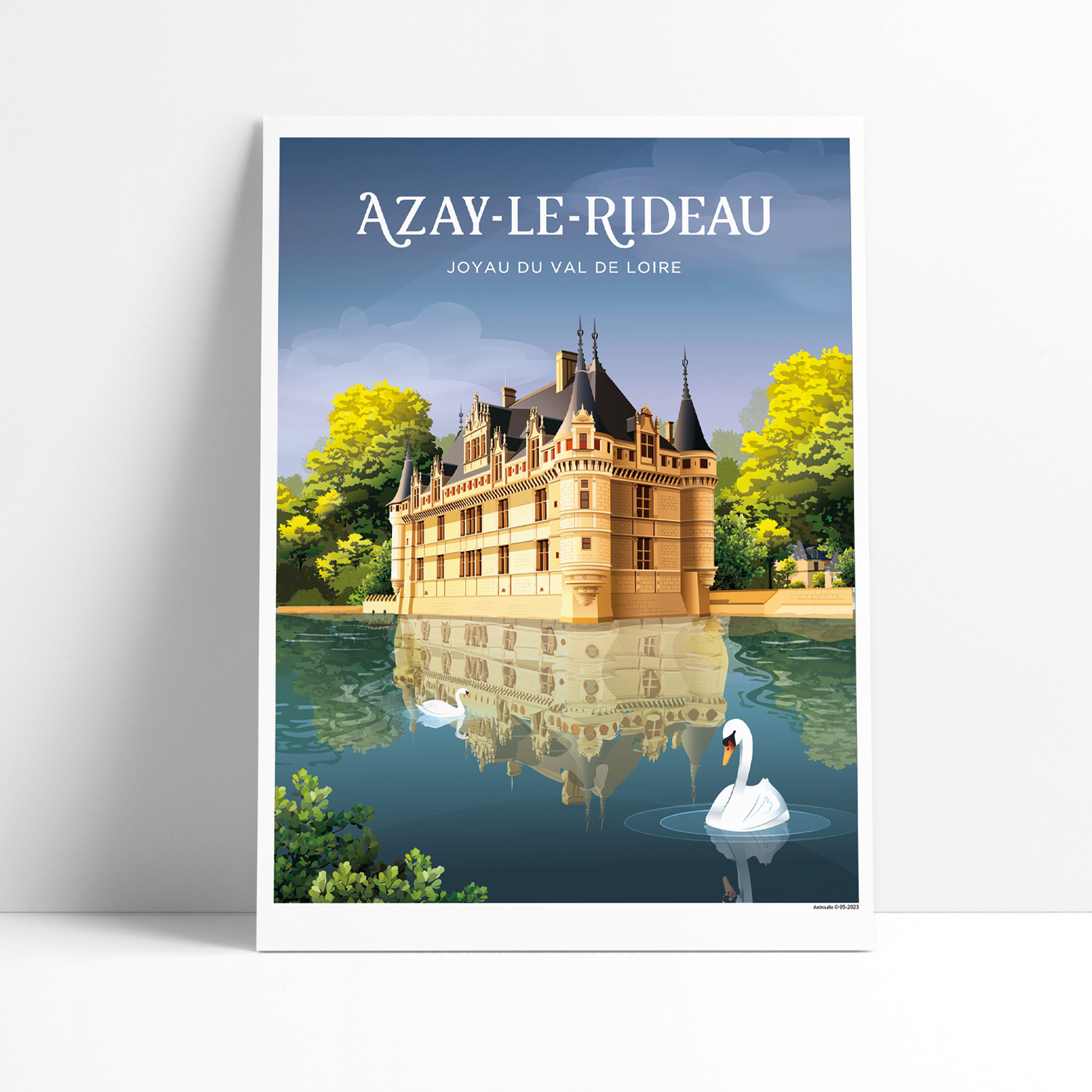 Affiche illustrée du château d'Azay-le-Rideau et son miroir d'eau
