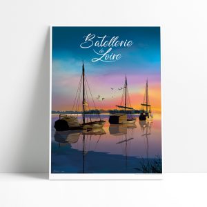 Affiche illustrée de la Batellerie de Loire au coucher du soleil