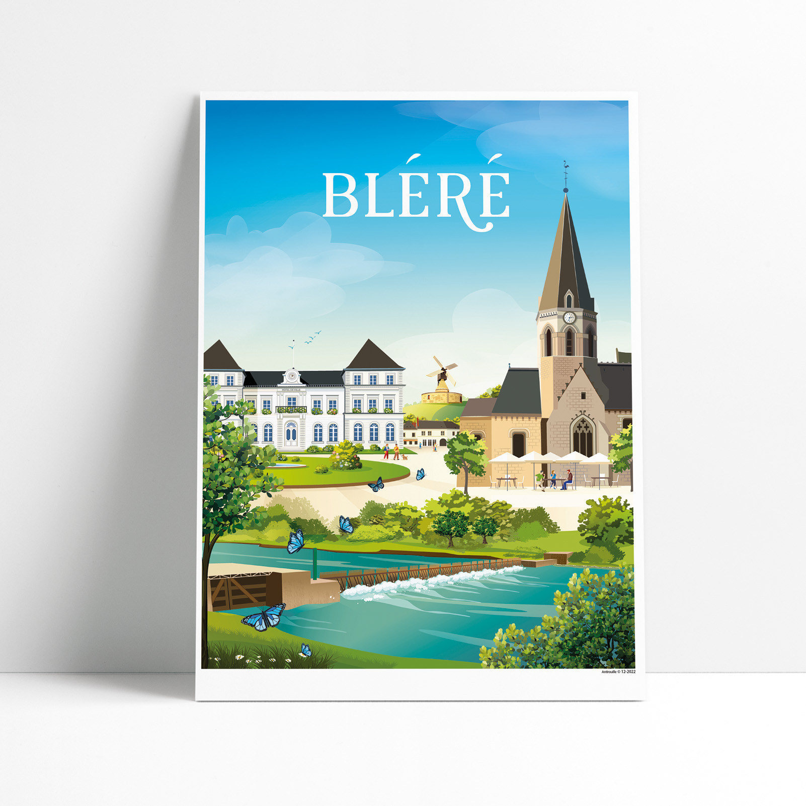 Affiche illustrée de Bléré avec l'église et le barrage
