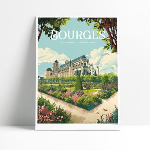 Affiche illustrée du parc fleuri de la cathédrale Saint-Étienne à Bourges
