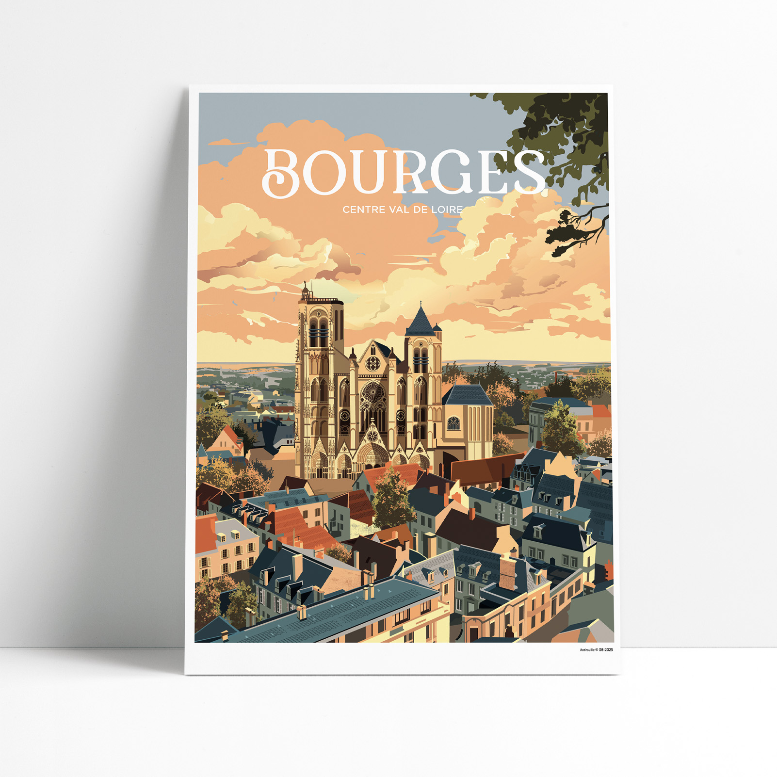 Affiche illustrée du panorama de Bourges avec la Cathédrale Saint-Étienne