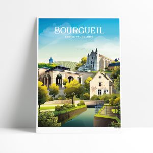 Affiche illustrée de Bourgueil avec l'église et la Maison des Vins
