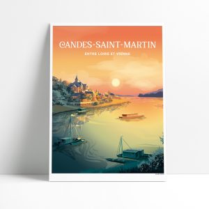 Affiche illustrée du village de Candes-Saint-Martin au coucher du soleil