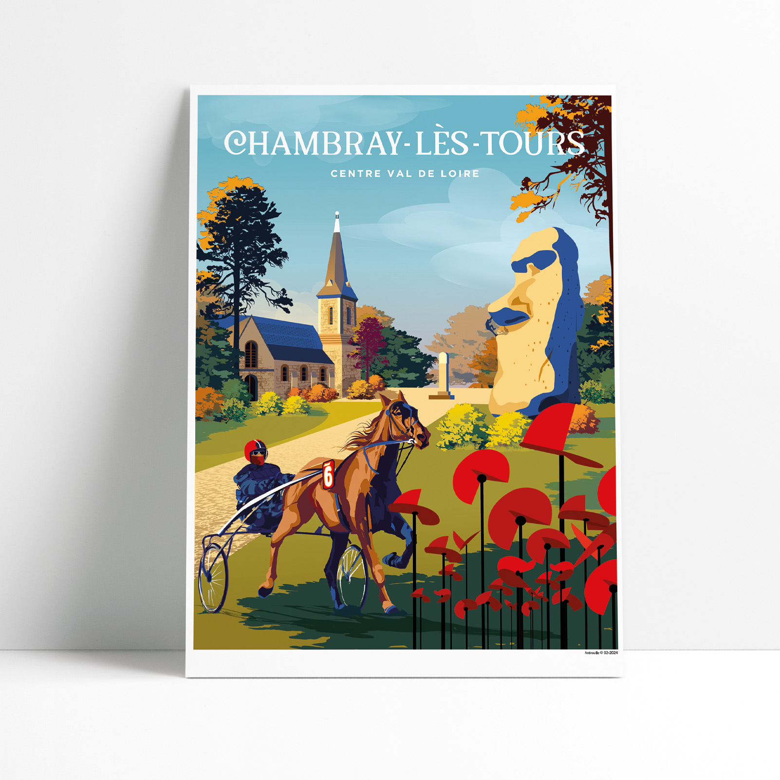 Affiche illustrée de Chambray-lès-Tours avec l'église et l'hippodrome