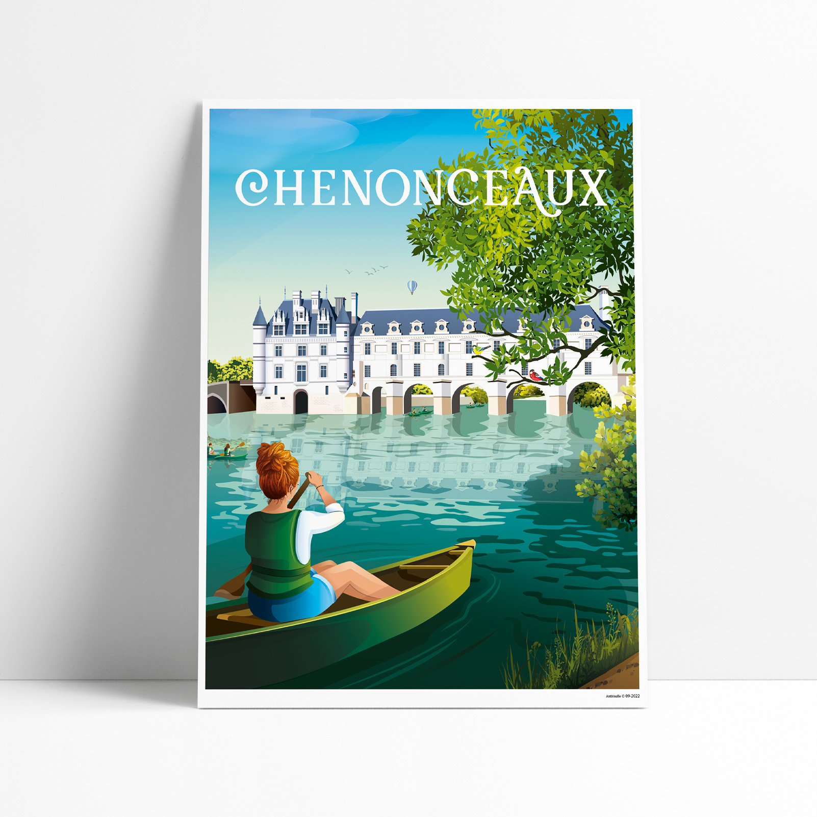Affiche illustrée d'un canoë sous les arches du château de Chenonceaux
