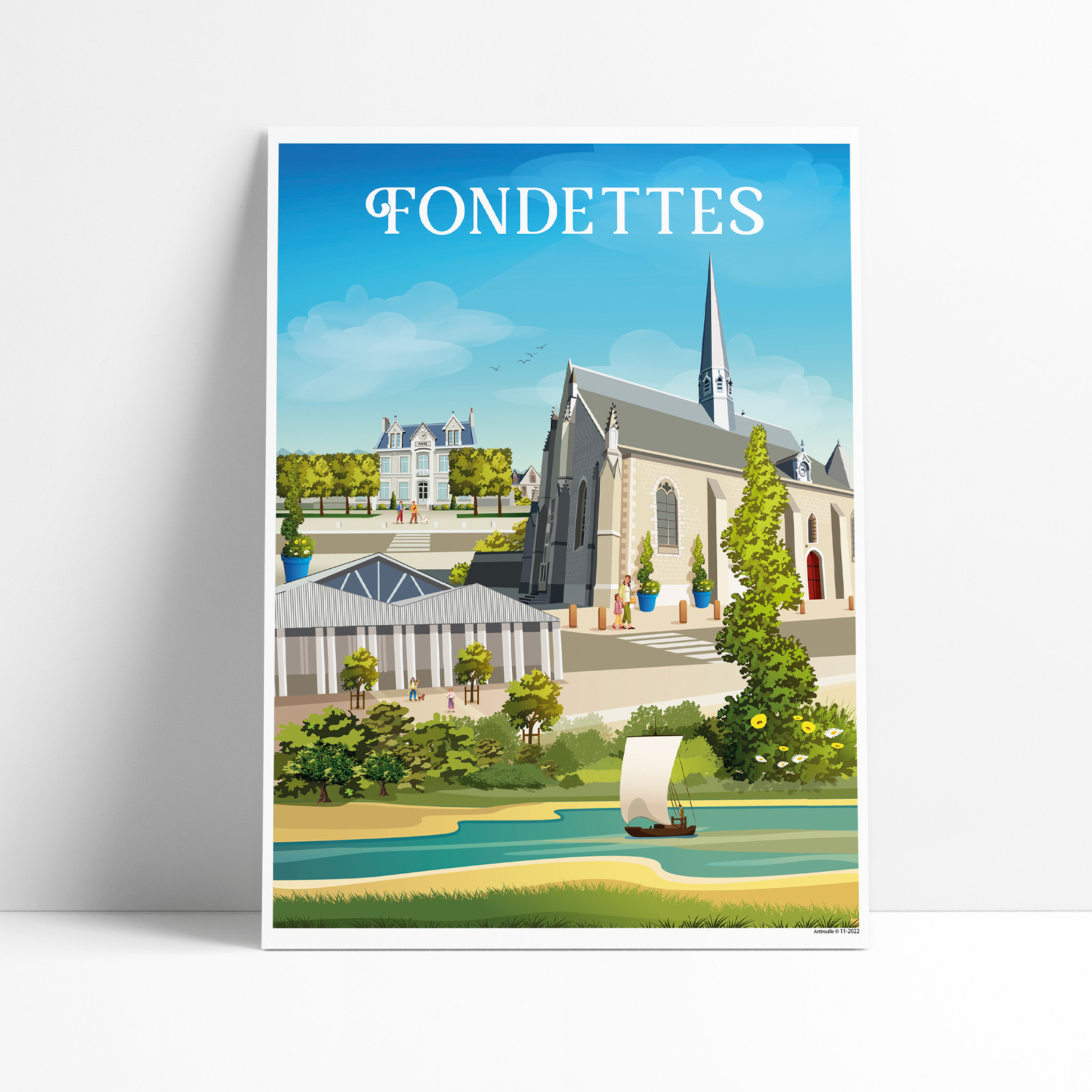 Affiche illustrée de Fondettes représentant les halles, l'église et la mairie du village