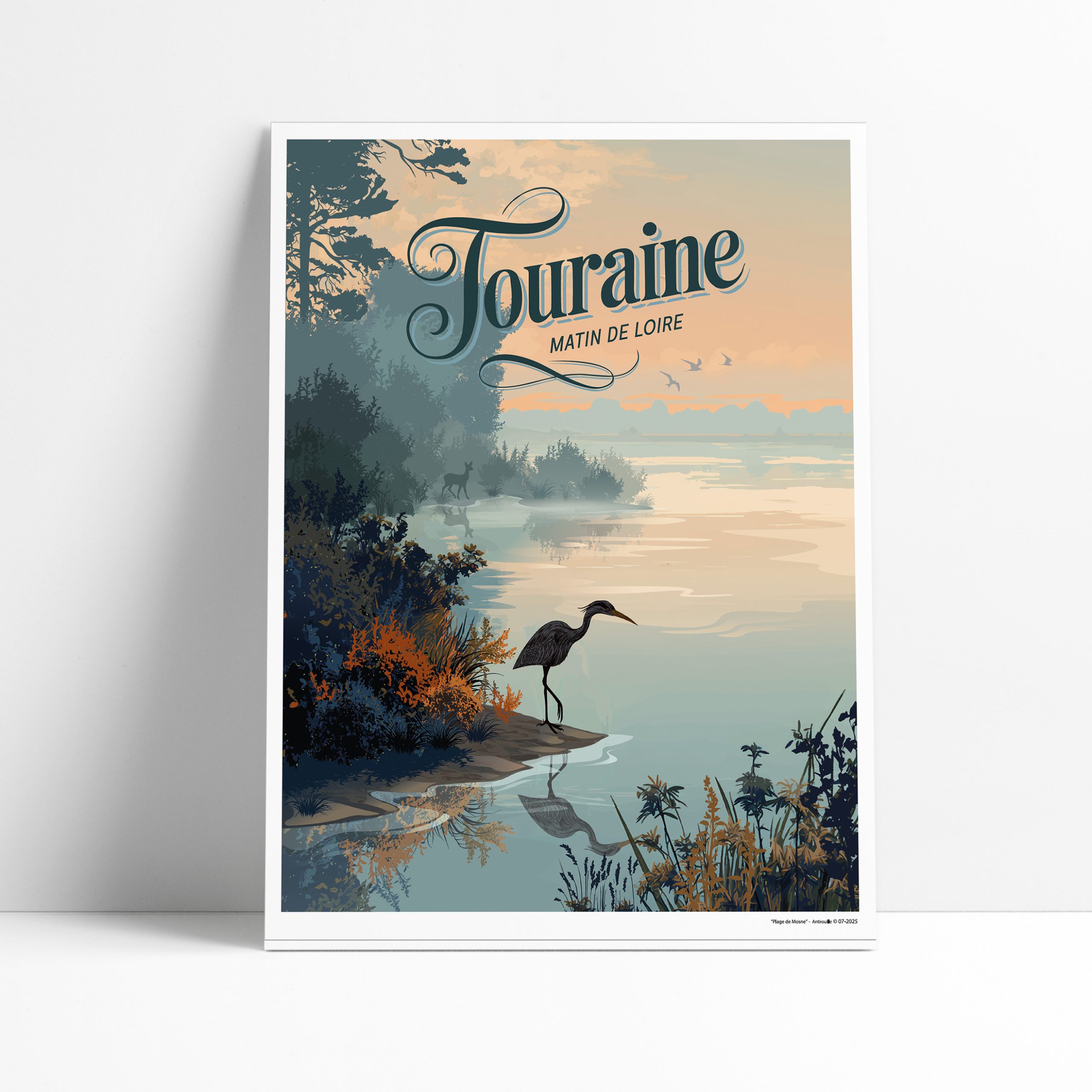 Affiche Matin de Loire héron, brume matinale à Mosnes
