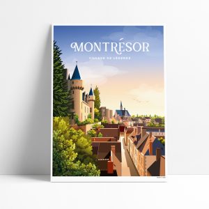 Affiche illustrée de Montrésor, plus beau village de France, avec son château en Indre-et-Loire