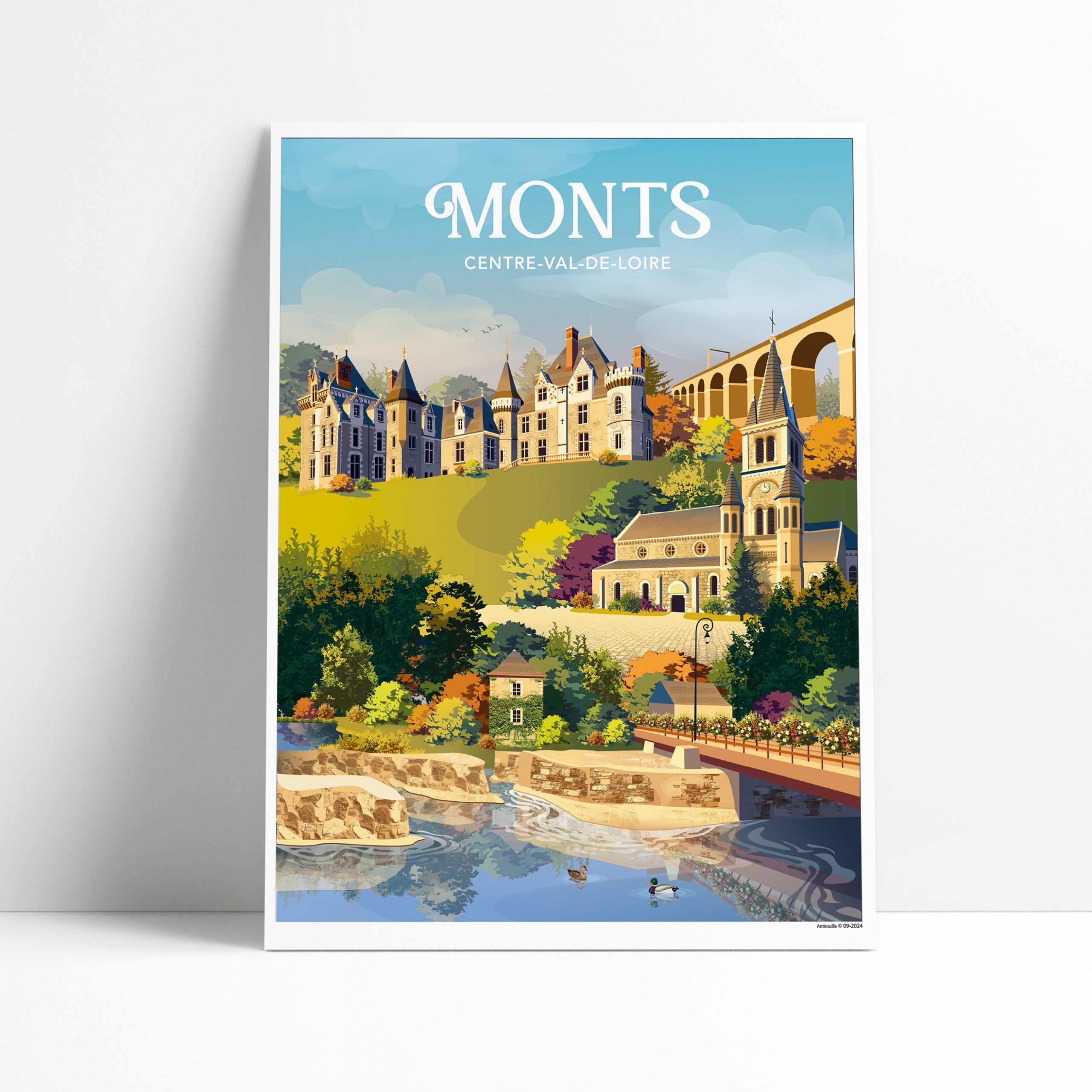 Affiche illustrée de Monts avec son pont et le château de Candé en Indre-et-Loire