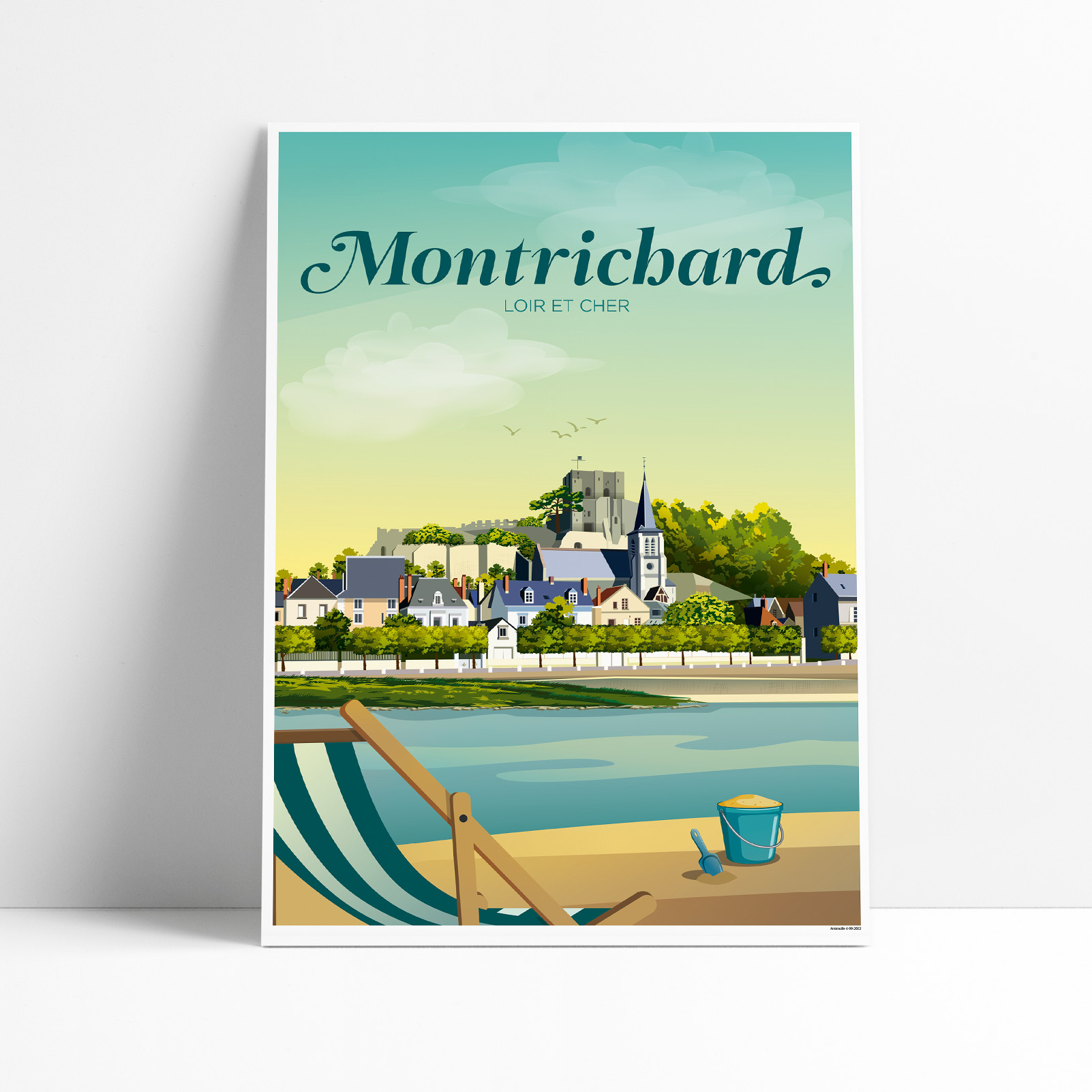 Affiche illustrée de Montrichard avec sa plage et son panorama sur le Cher en Loir-et-Cher