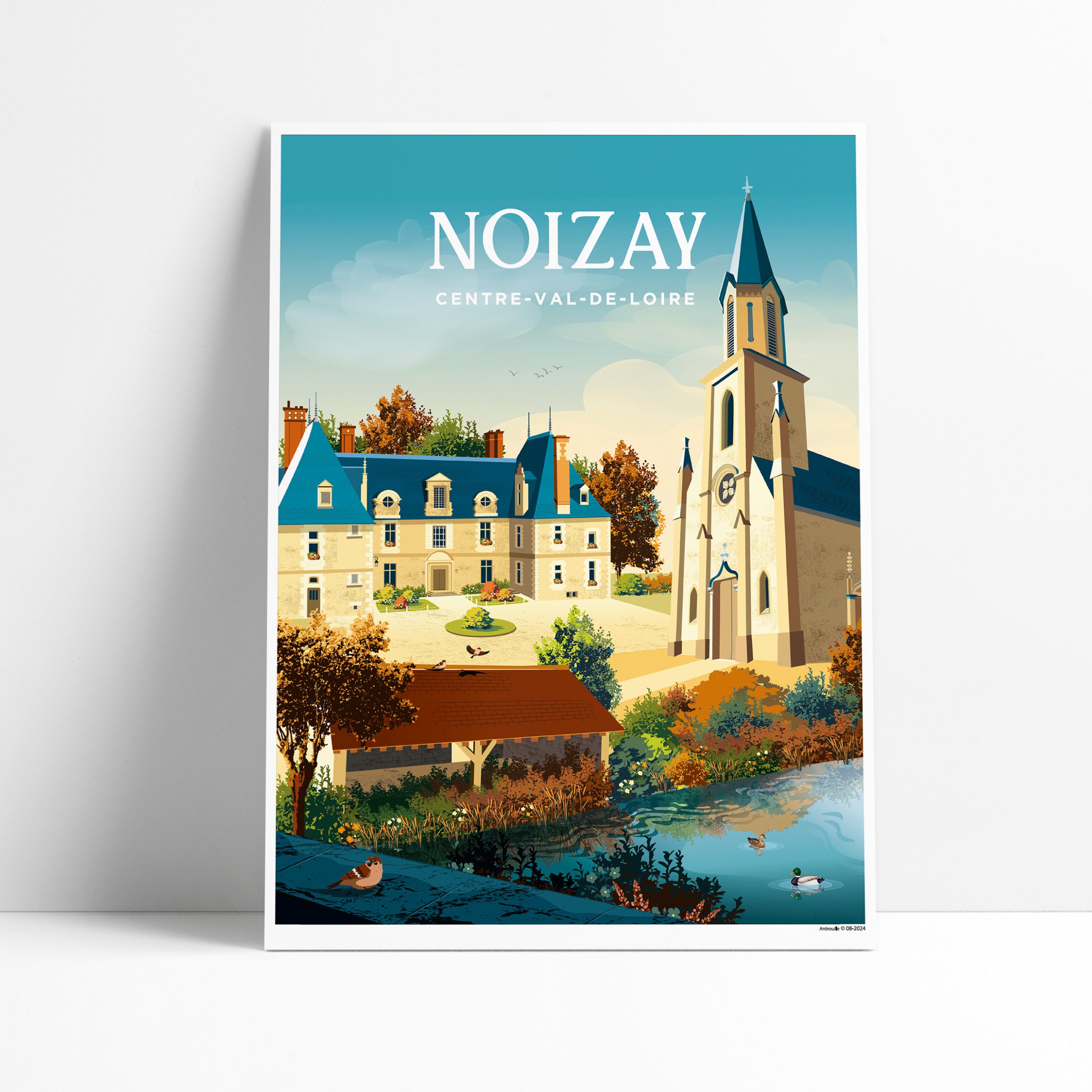 Affiche illustrée de Noizay avec son église et son château en Indre-et-Loire