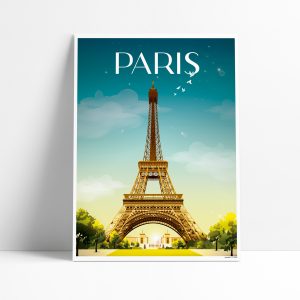 Affiche illustrée de la Tour Eiffel à Paris en ambiance nocturn