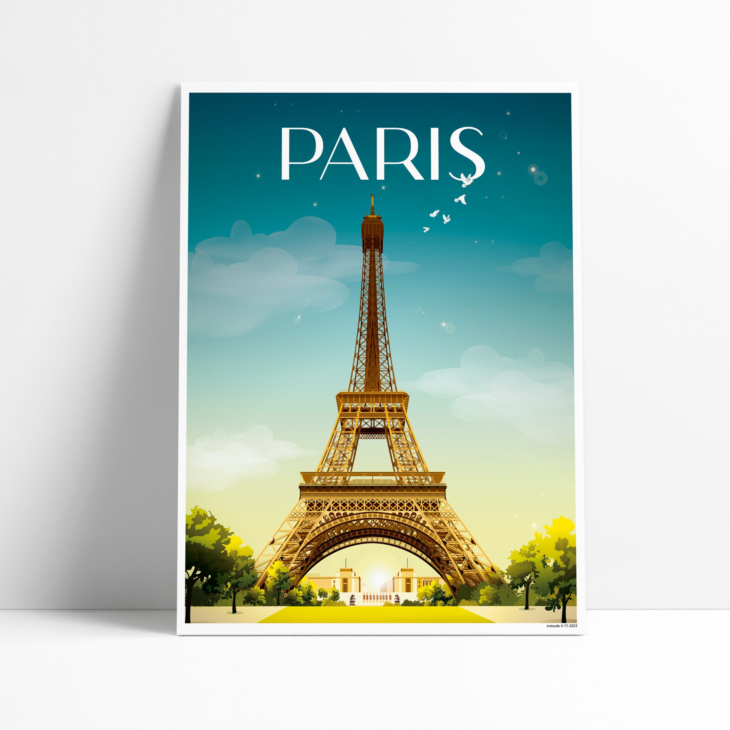 Affiche illustrée de la Tour Eiffel à Paris en ambiance nocturn