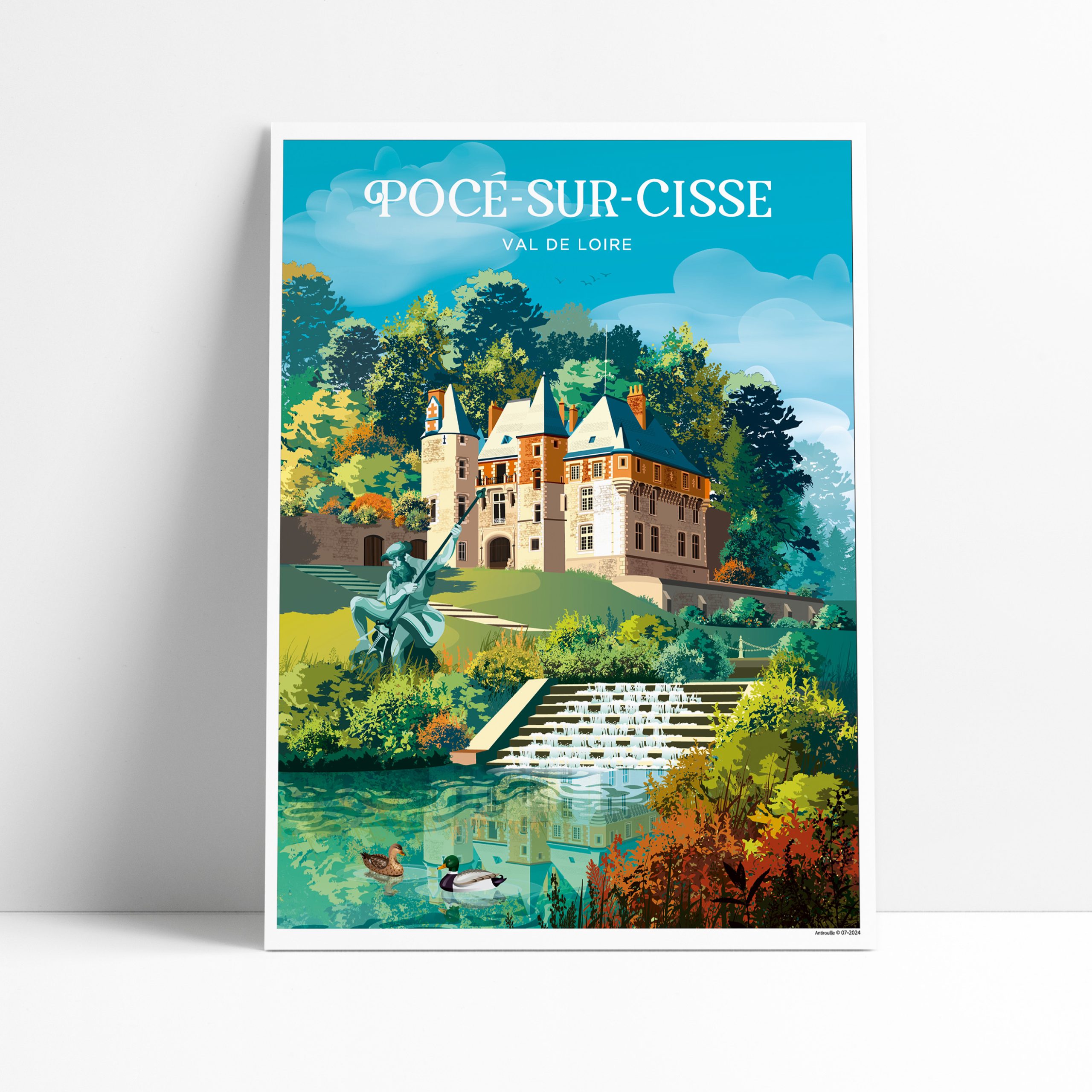 Affiche illustrée de Pocé-sur-Cisse avec son château et la Ramberge
