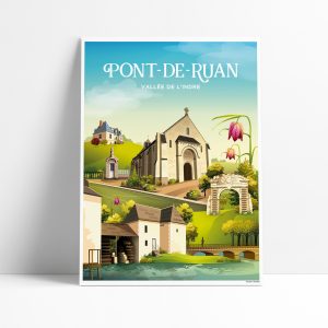 Affiche illustrée de Pont-de-Ruan avec ses moulins et son pont dans la vallée de l'Indre