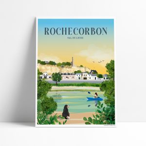 Affiche illustrée de Rochecorbon, village troglodytique au bord de la Loire en Indre-et-Loire