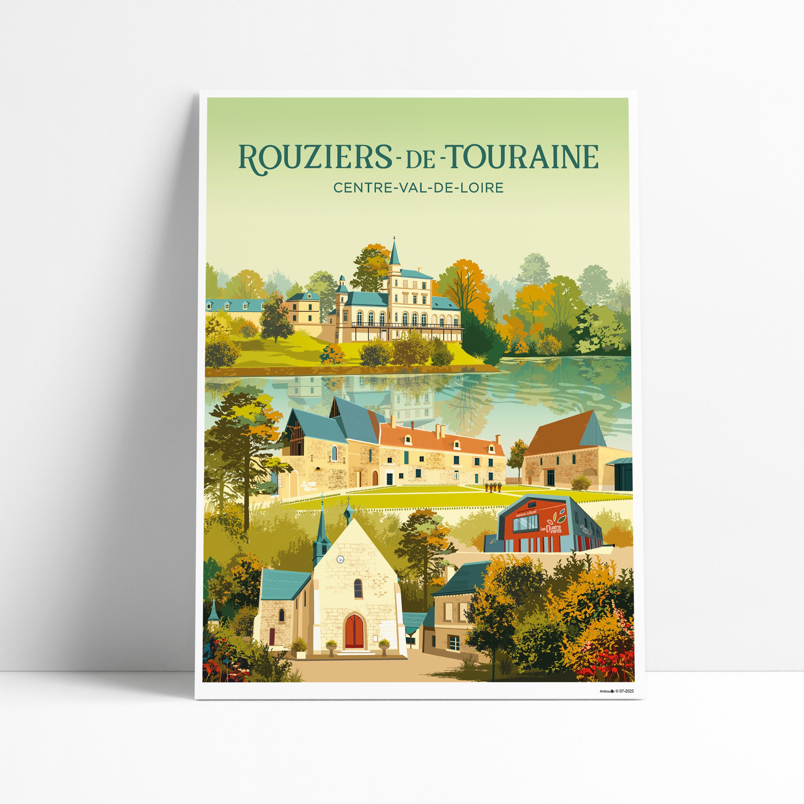 Affiche illustrée du village de Rouziers-de-Touraine en Indre-et-Loire, style rétro automnal