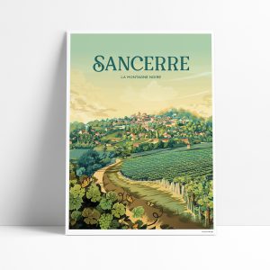Affiche illustrée de Sancerre avec ses vignobles et collines dans le Cher