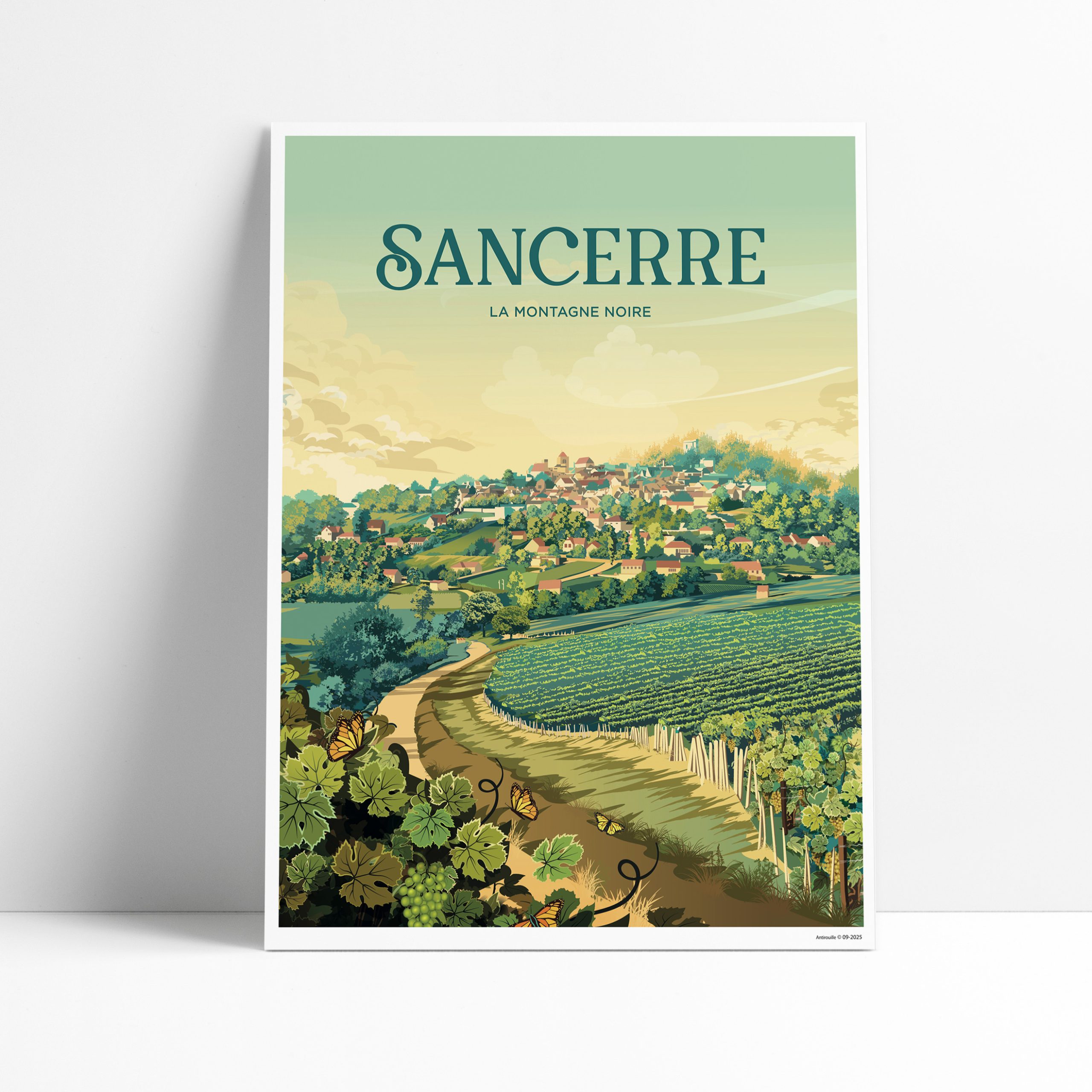 Affiche illustrée de Sancerre avec ses vignobles et collines dans le Cher