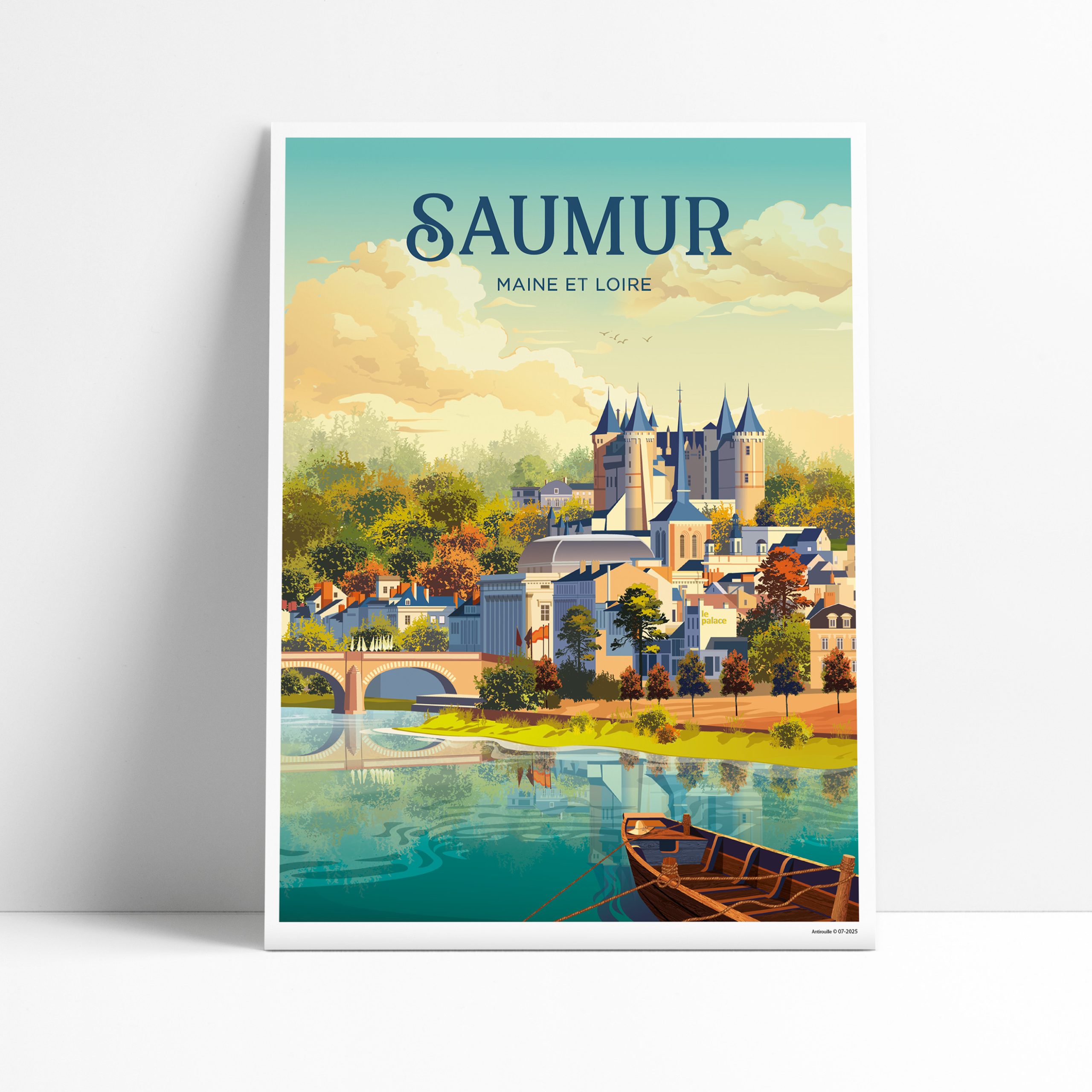 Affiche illustrée de Saumur, la Ville Blanche, avec son château et la Loire en Maine-et-Loire