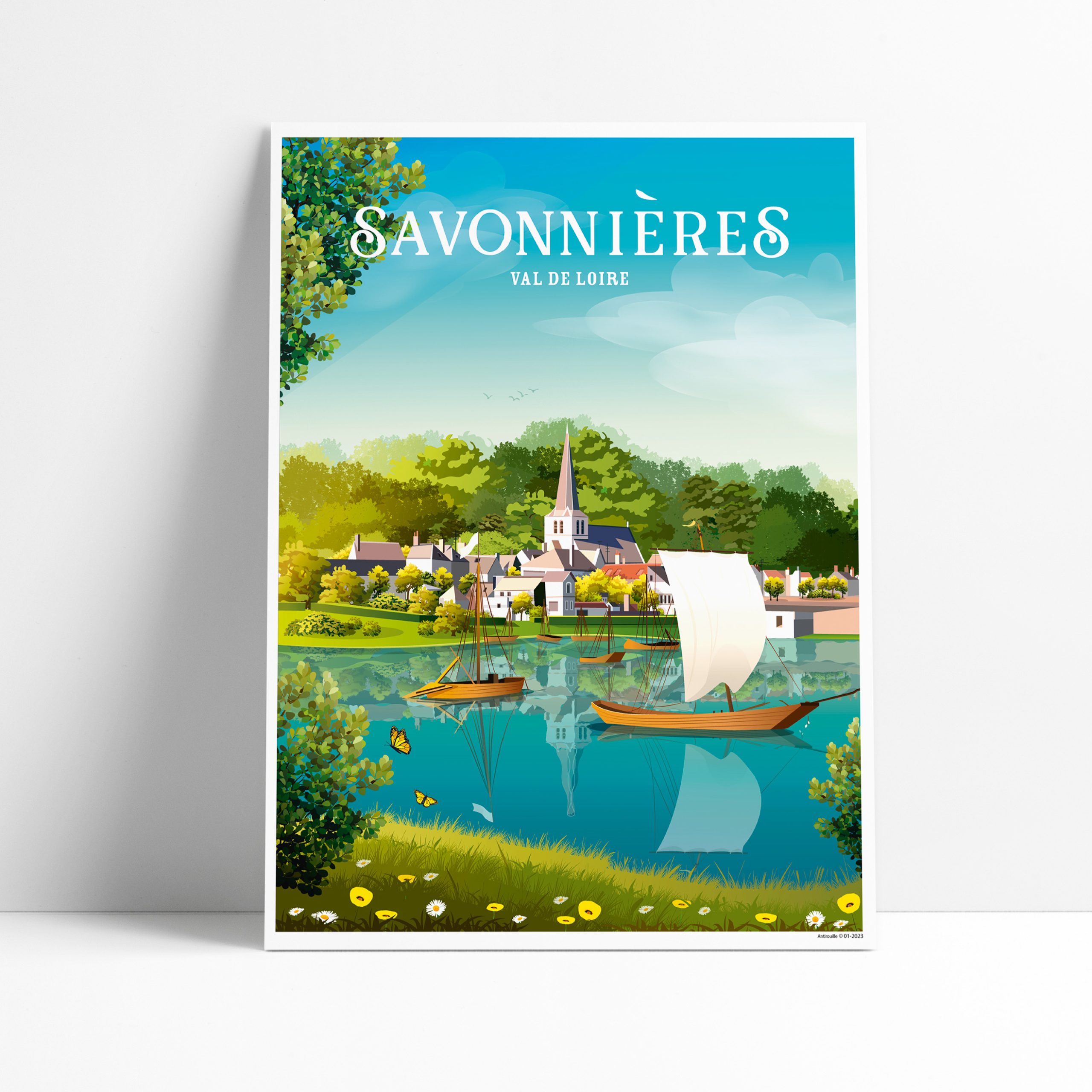Affiche illustrée du village de Savonnières en bord de Loire avec gabarres et nature verdoyante