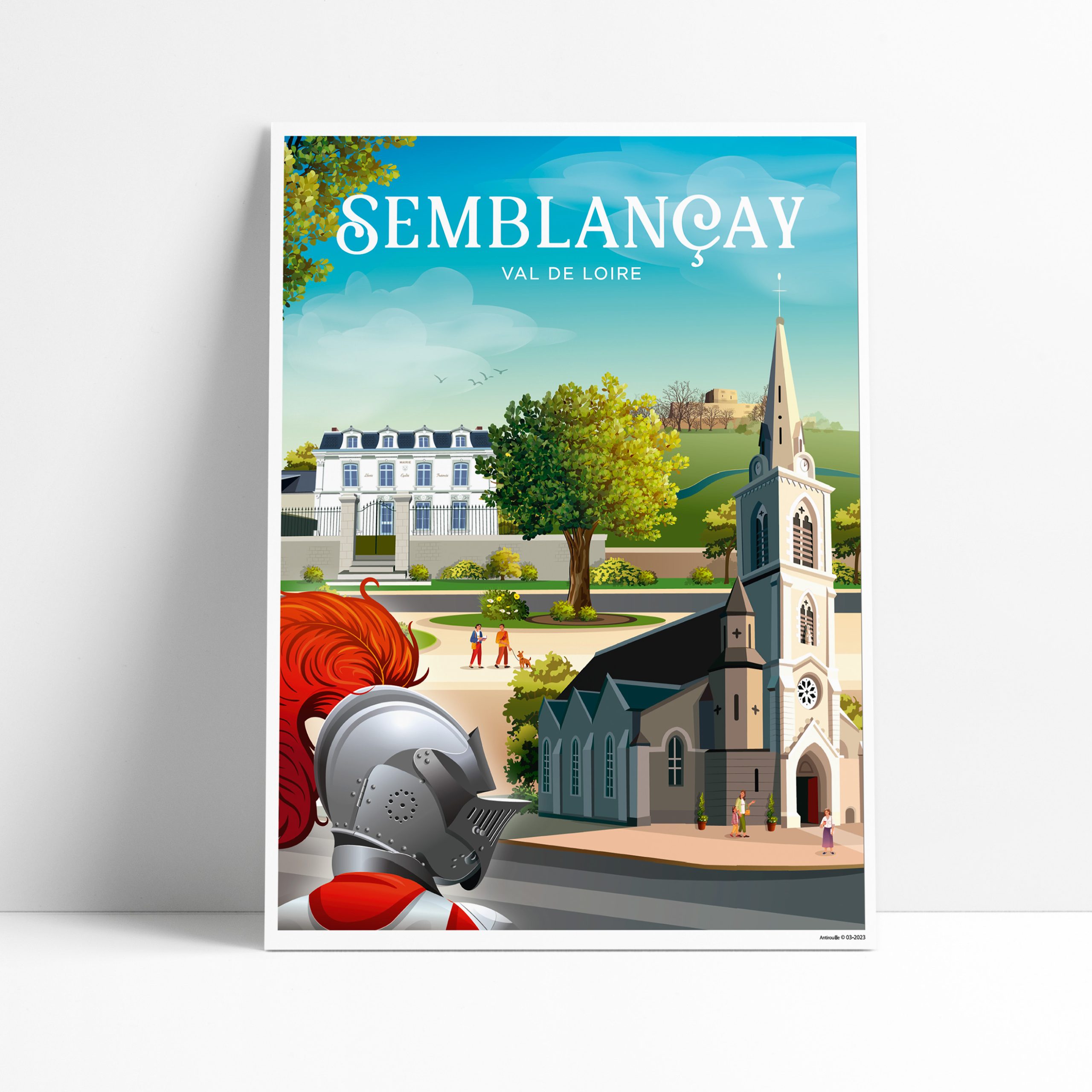 Affiche illustrée du village de Semblançay en Indre-et-Loire avec son église et la Scénoféerie