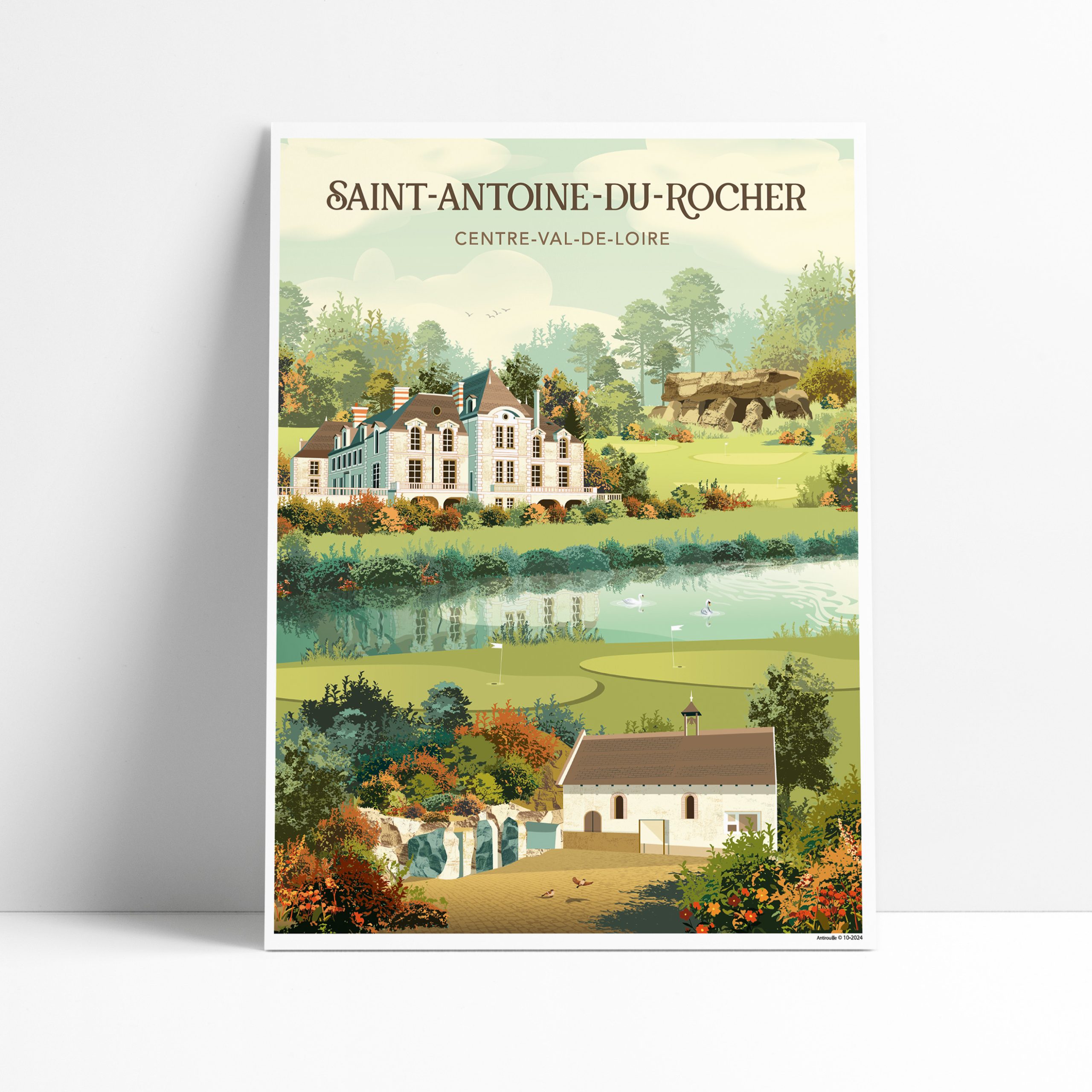Affiche illustrée de Saint-Antoine-du-Rocher avec le terrain de golf, le Dolmen et le château d'Ardrée