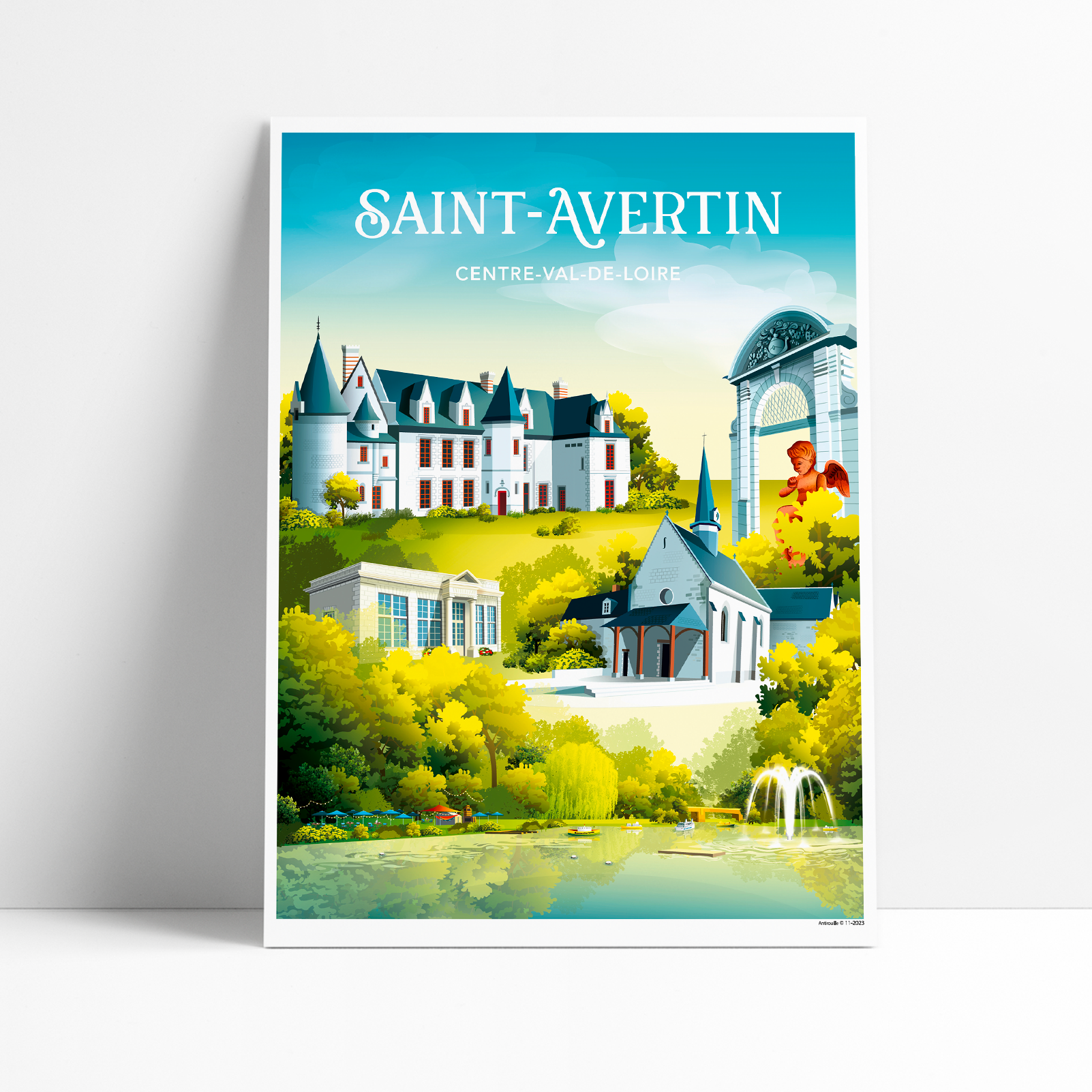 Affiche illustrée de Saint-Avertin avec le château de Cangé, l'église et la guinguette