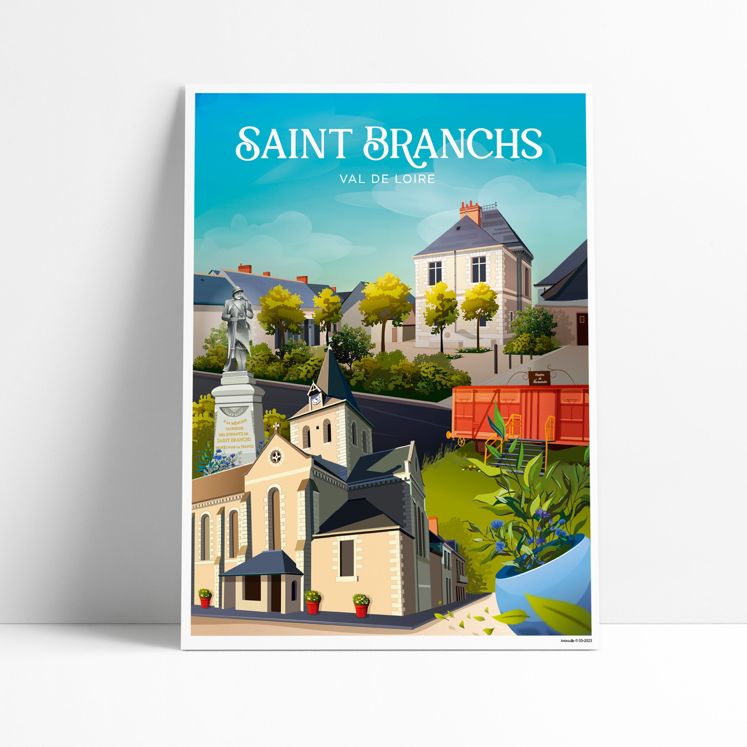 Affiche illustrée de Saint-Branchs avec son église et ses maisons traditionnelles