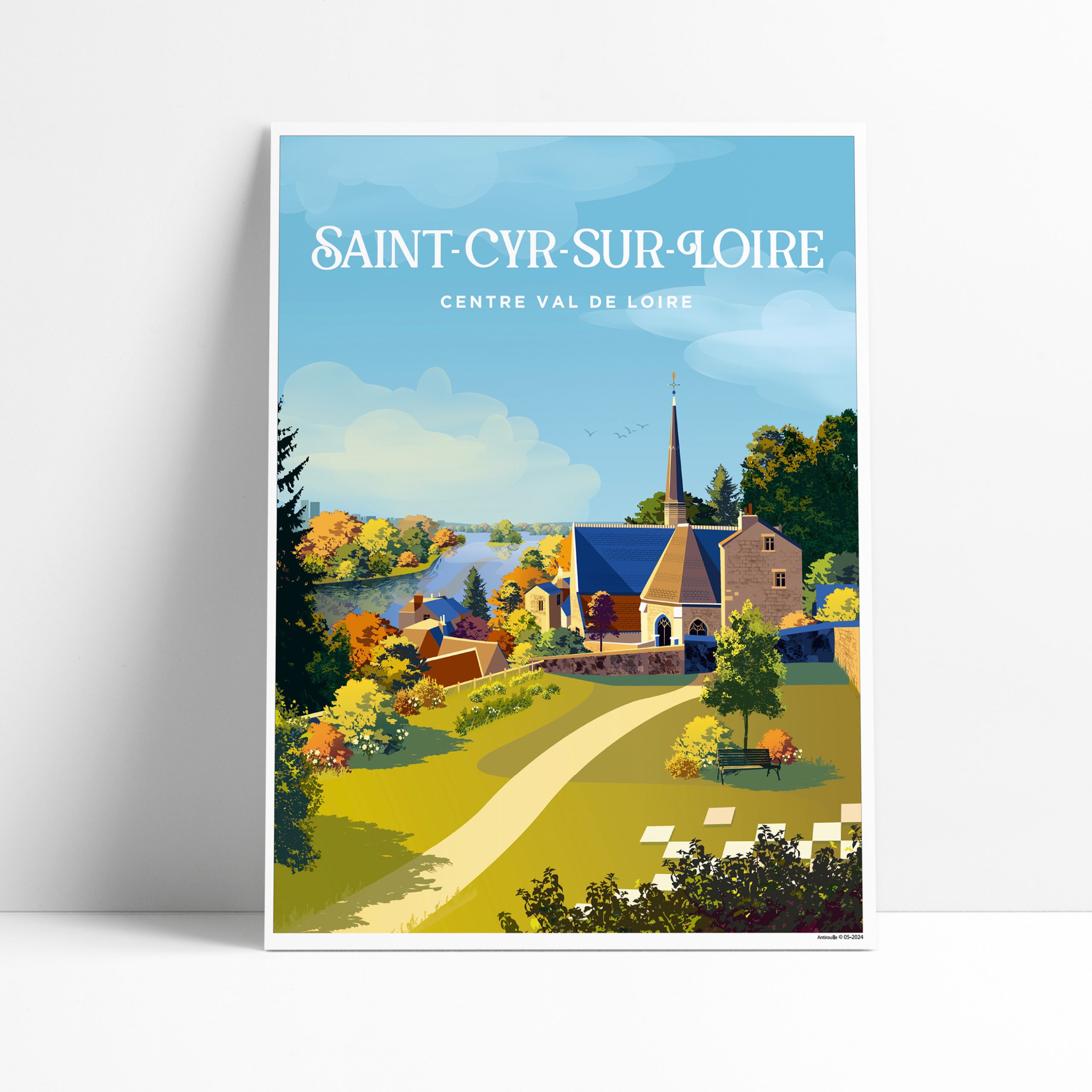 Affiche illustrée de Saint-Cyr-sur-Loire avec les jardins, l'église et vue sur la Loire