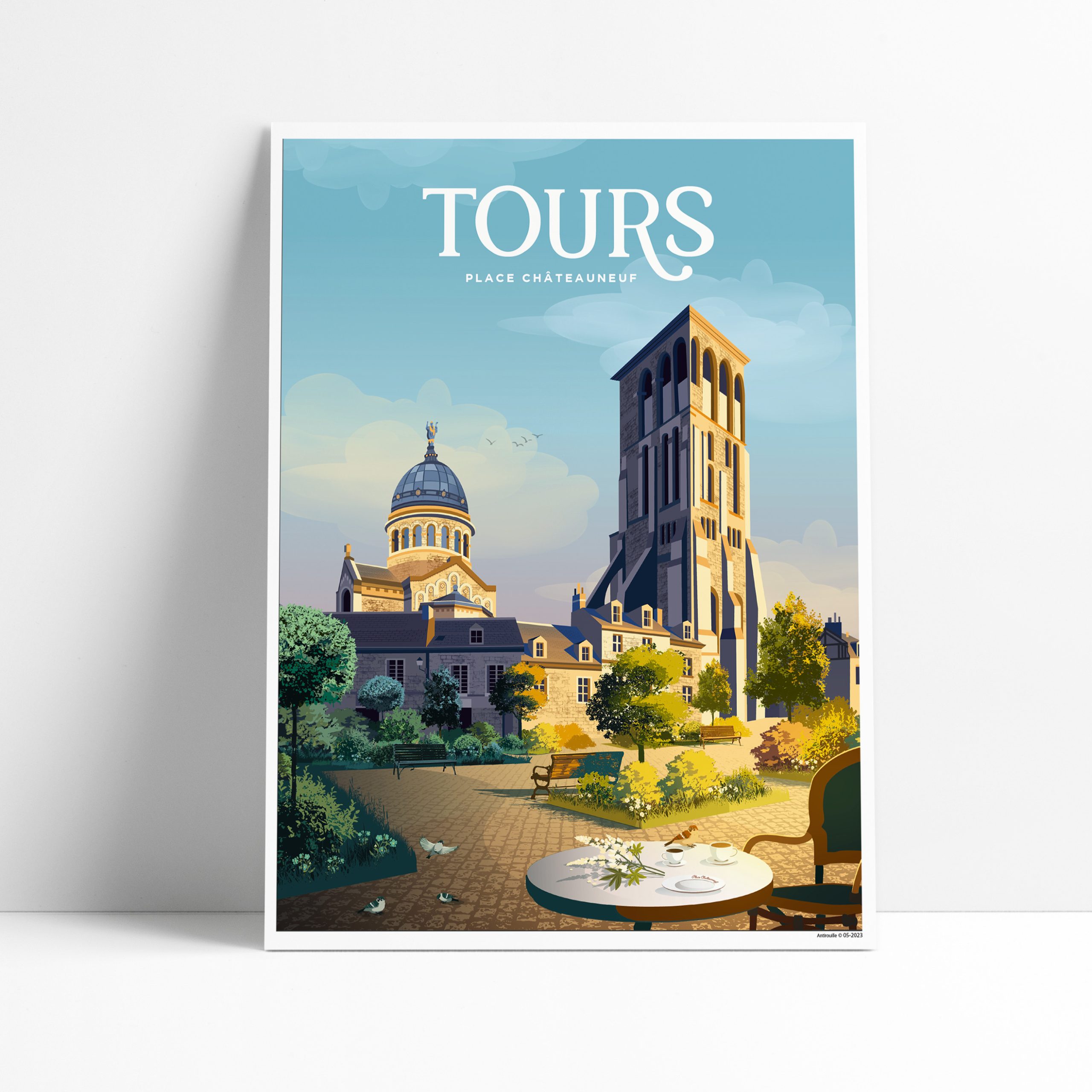Affiche illustrée de la Place Châteauneuf à Tours avec la Tour Charlemagne et la Basilique Saint-Martin