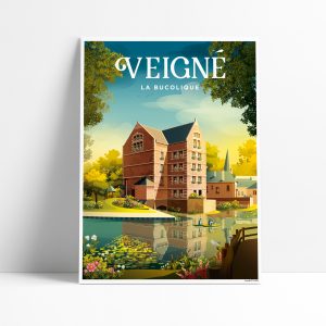 Affiche illustrée de Veigné avec le Grand Moulin au bord de la rivière au coucher du soleil