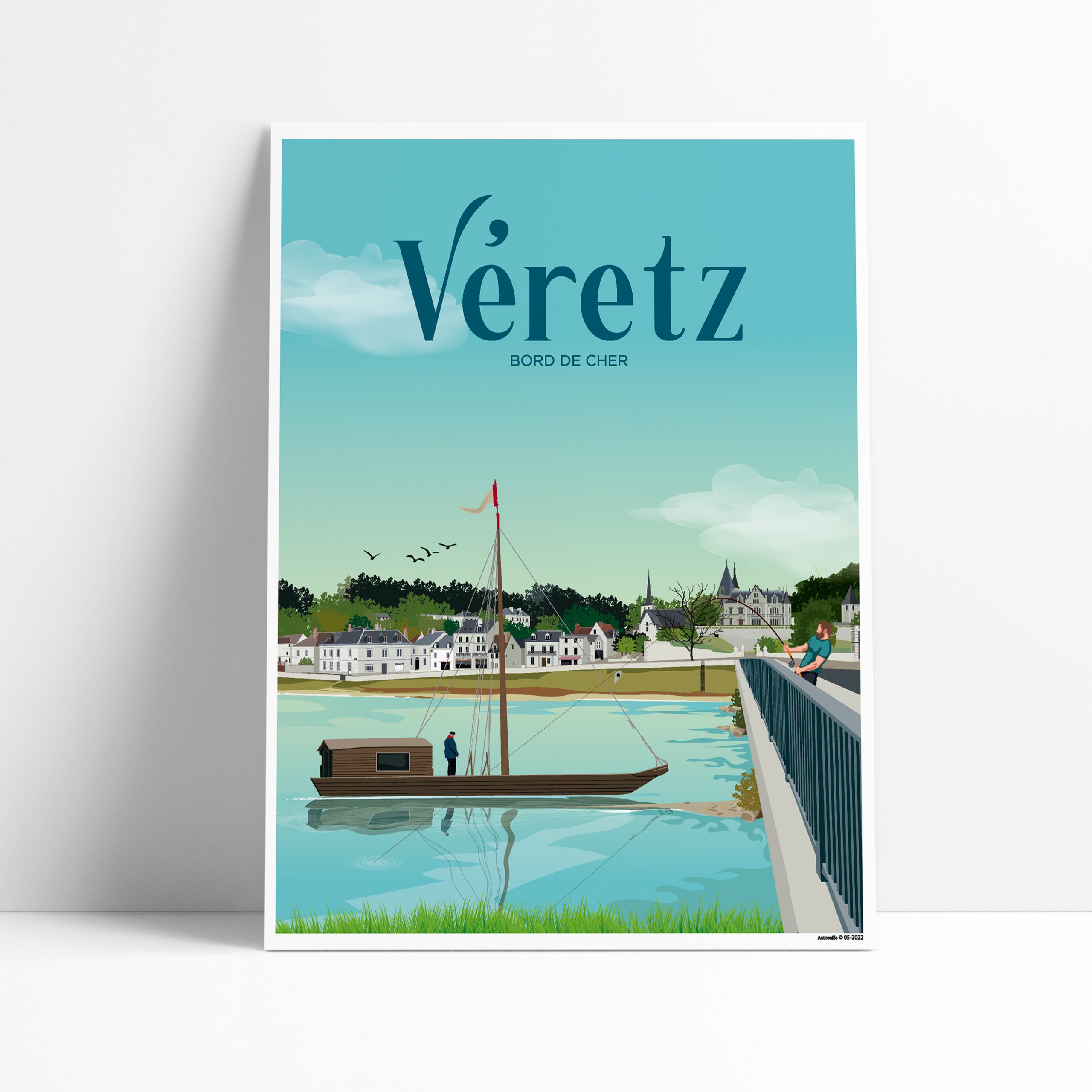 Affiche illustrée de Veretz avec une toue cabanée sur le Cher et le village en arrière-plan