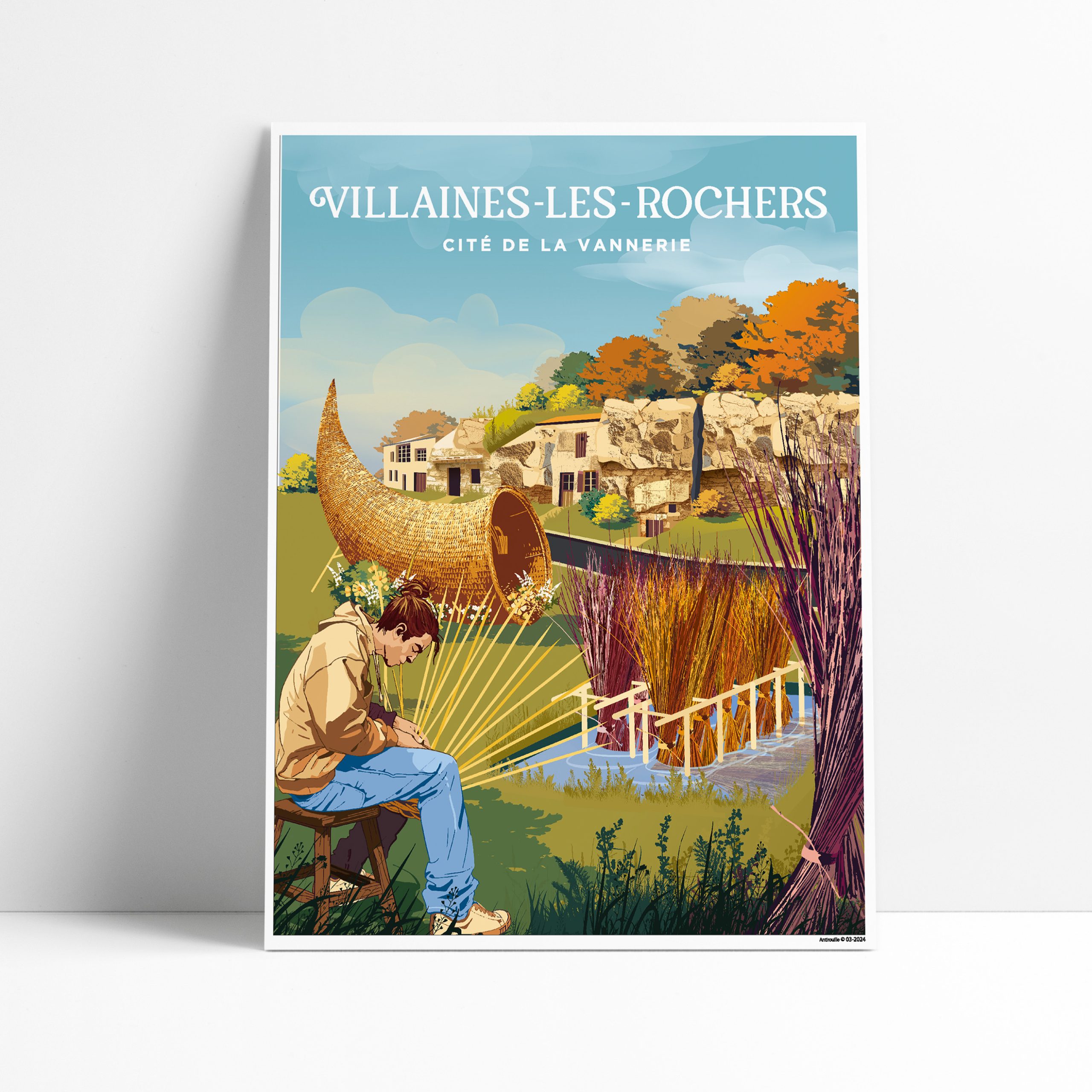 Affiche illustrée de Villaines-les-Rochers avec un vannier au travail et les habitations troglodytiques