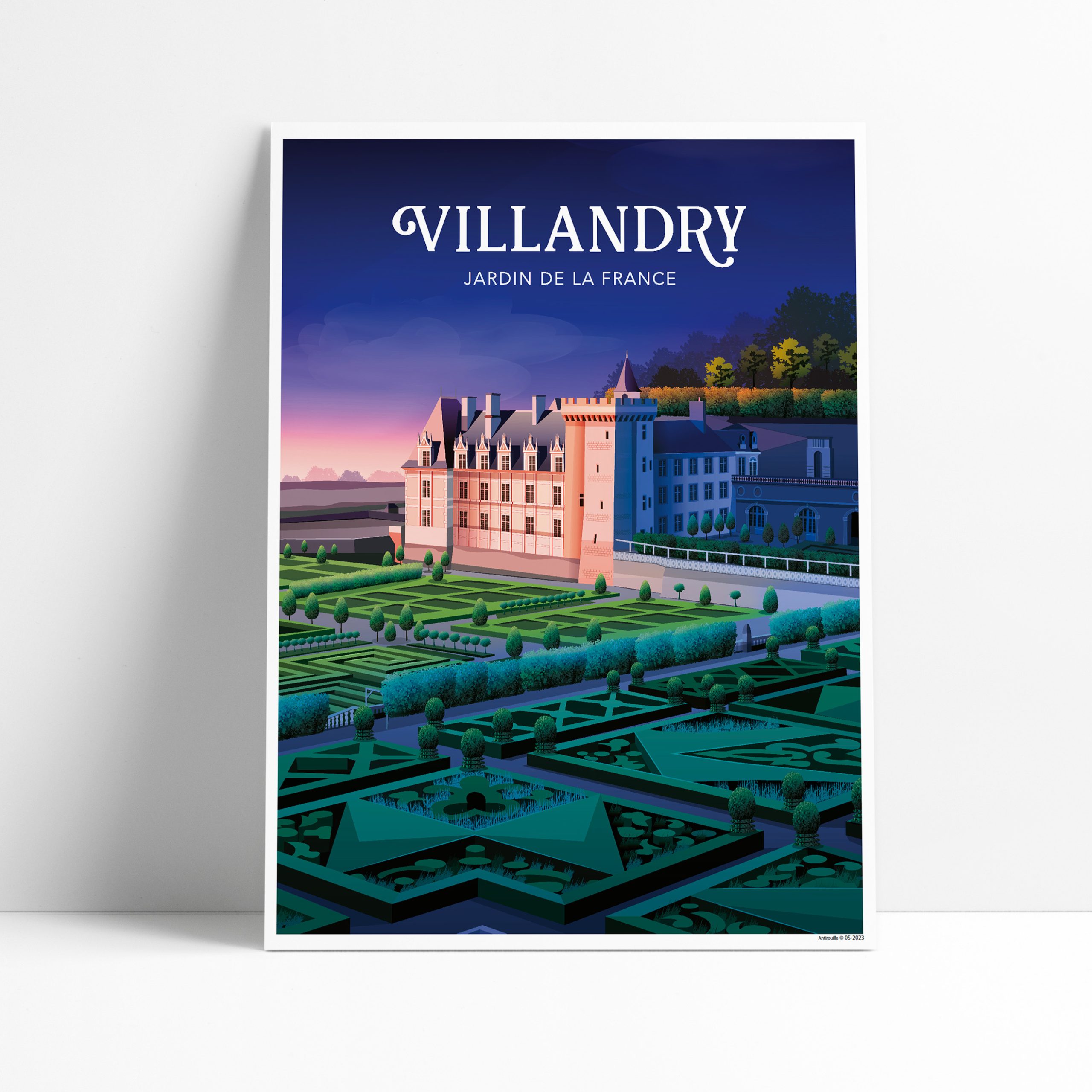 Affiche illustrée du château de Villandry de nuit avec ses jardins à la française