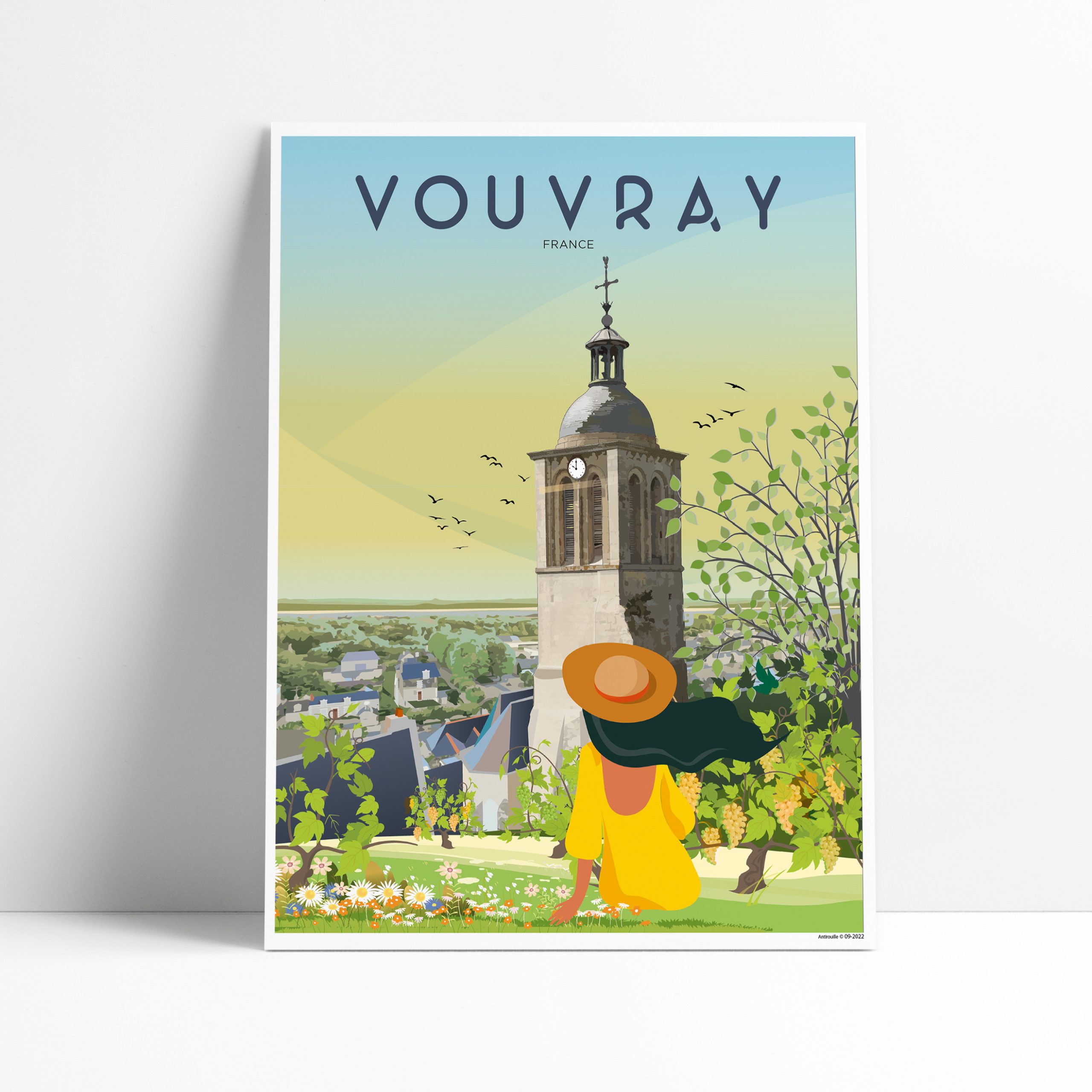 Affiche illustrée de Vouvray avec ses coteaux et ses vignes en Touraine