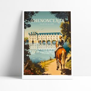 Affiche illustrée du château de Chenonceaux avec un cheval en promenade
