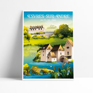 Affiche illustrée d'Esvres-sur-Indre et son moulin au fil de l'eau