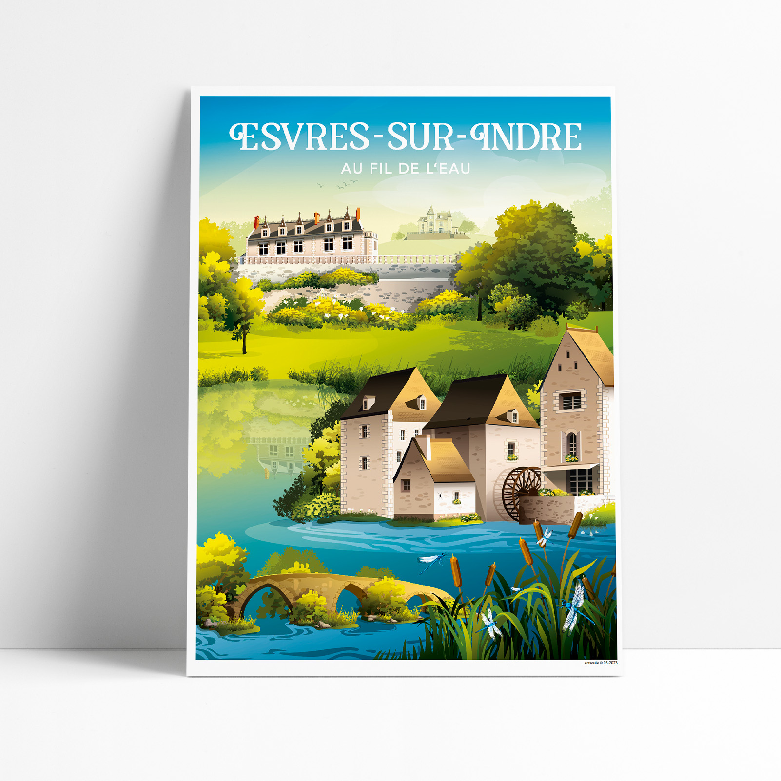 Affiche illustrée d'Esvres-sur-Indre et son moulin au fil de l'eau