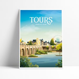 Affiche illustrée de Tours vue depuis le pont Wilson avec la Loire au premier plan