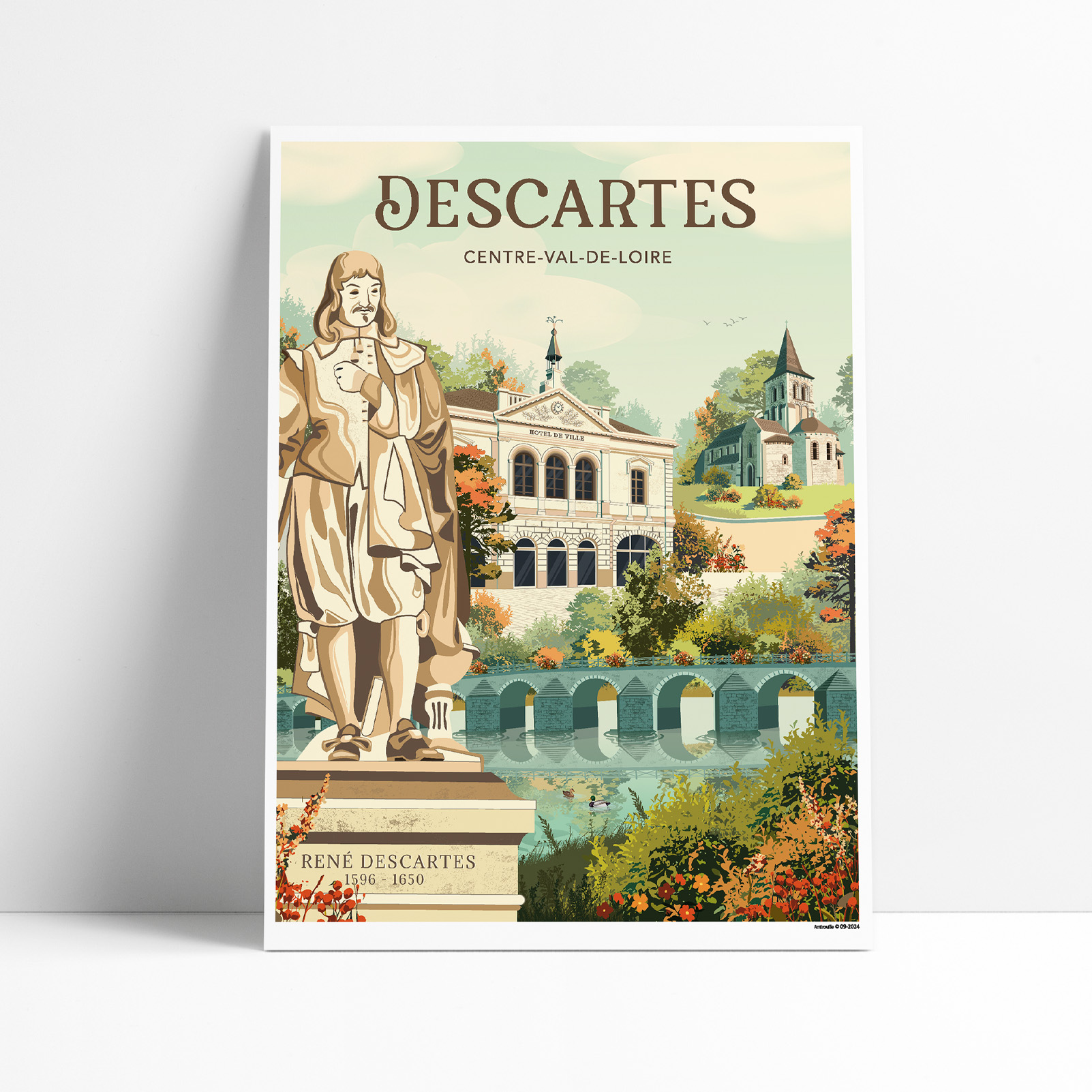 Affiche illustrée de Descartes, ville natale de René Descartes