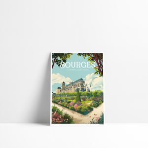 Carte postale illustrée de la cathédrale Saint-Étienne de Bourges et de son parc fleuri dans le Cher