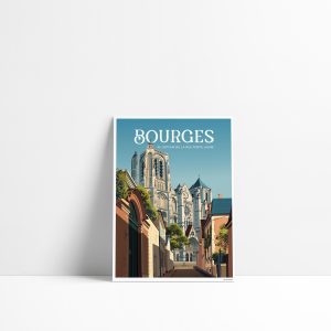 Carte postale illustrée de Bourges avec la rue Porte Jaune et sa cathédrale dans le Cher