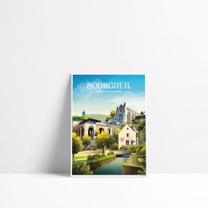 Carte postale illustrée de Bourgueil avec son église et sa Maison des Vins en Indre-et-Loire