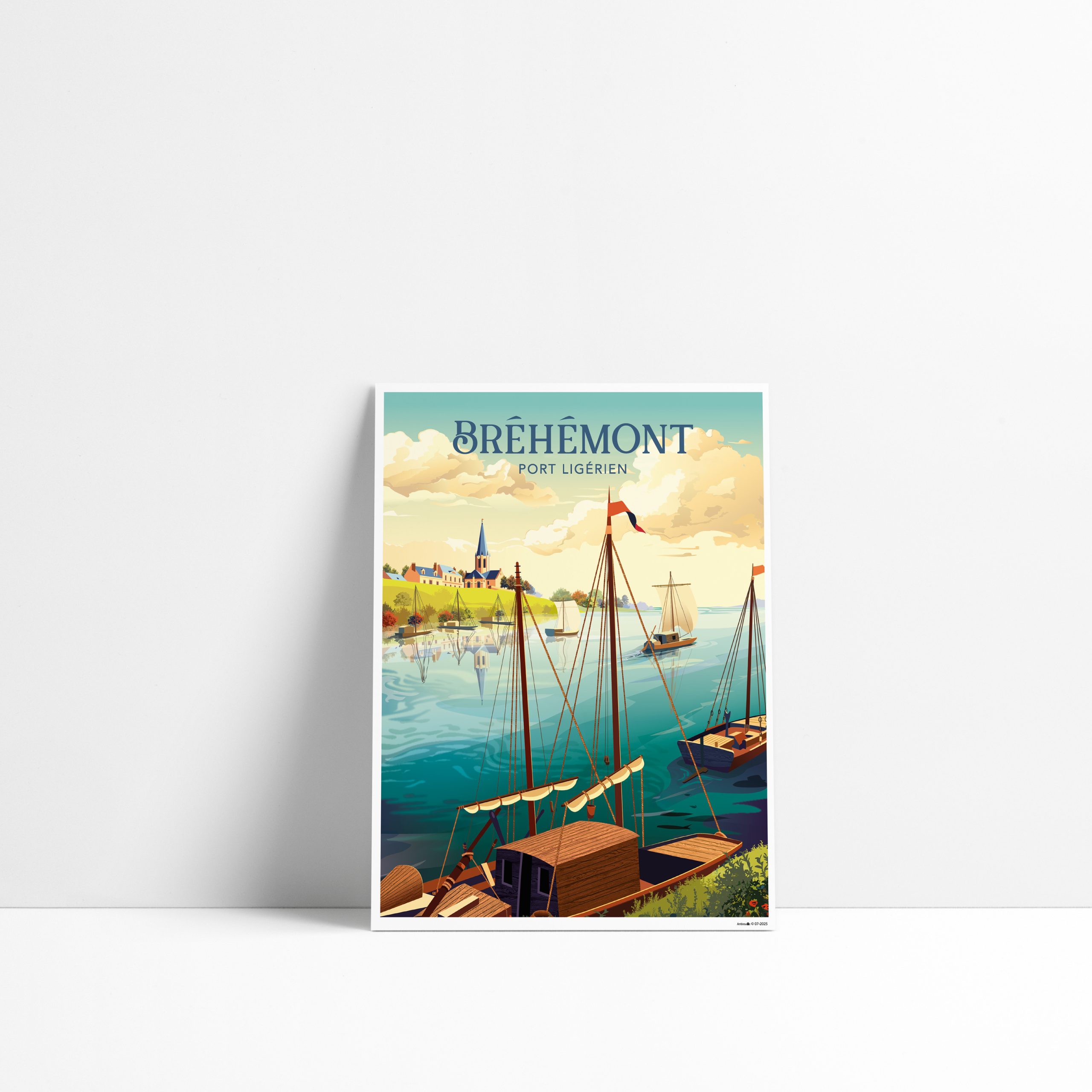 Carte postale illustrée de Bréhémont avec son port ligérien et ses bateaux sur la Loire en Indre-et-Loire