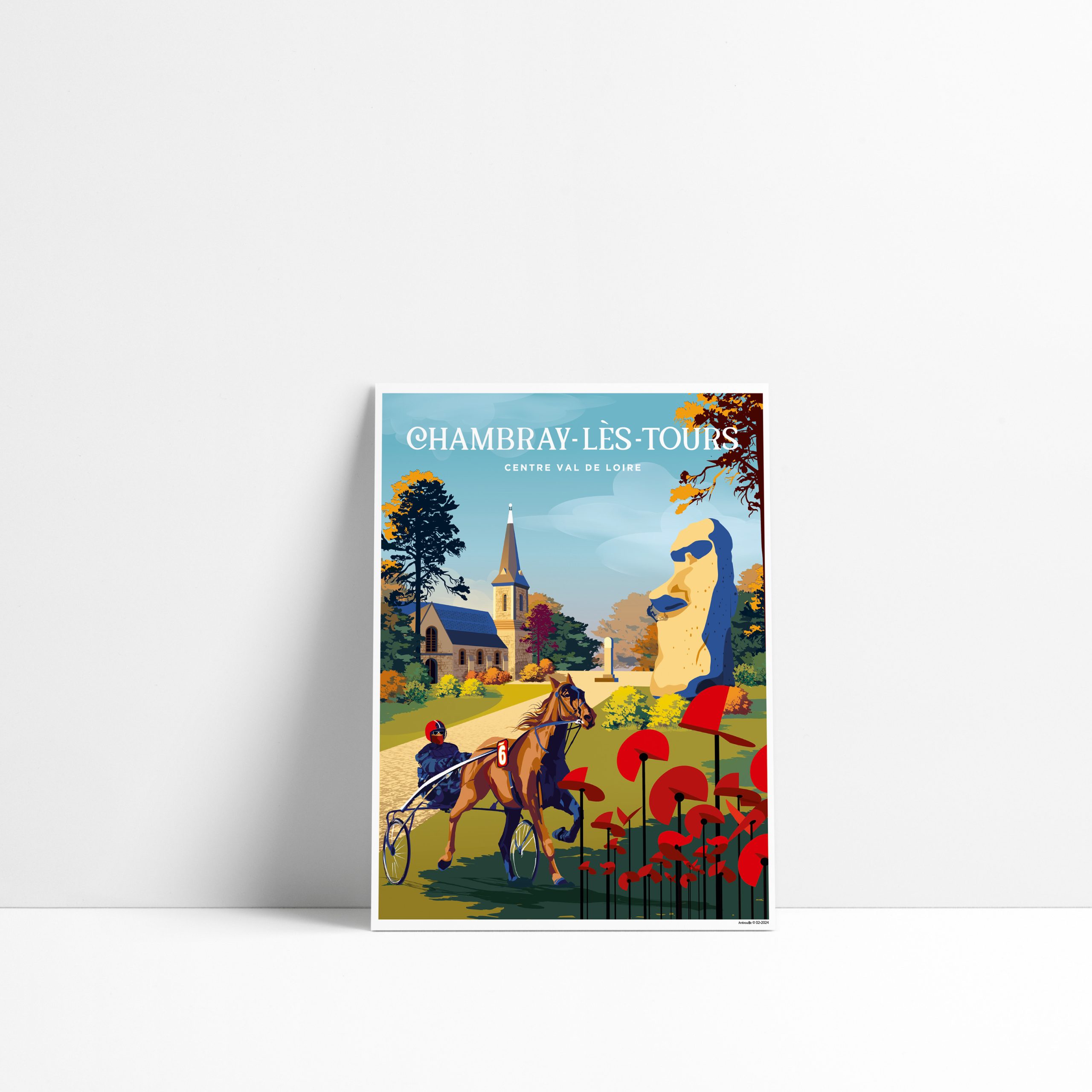 Carte postale illustrée de Chambray-lès-Tours avec son hippodrome et son église en Indre-et-Loire
