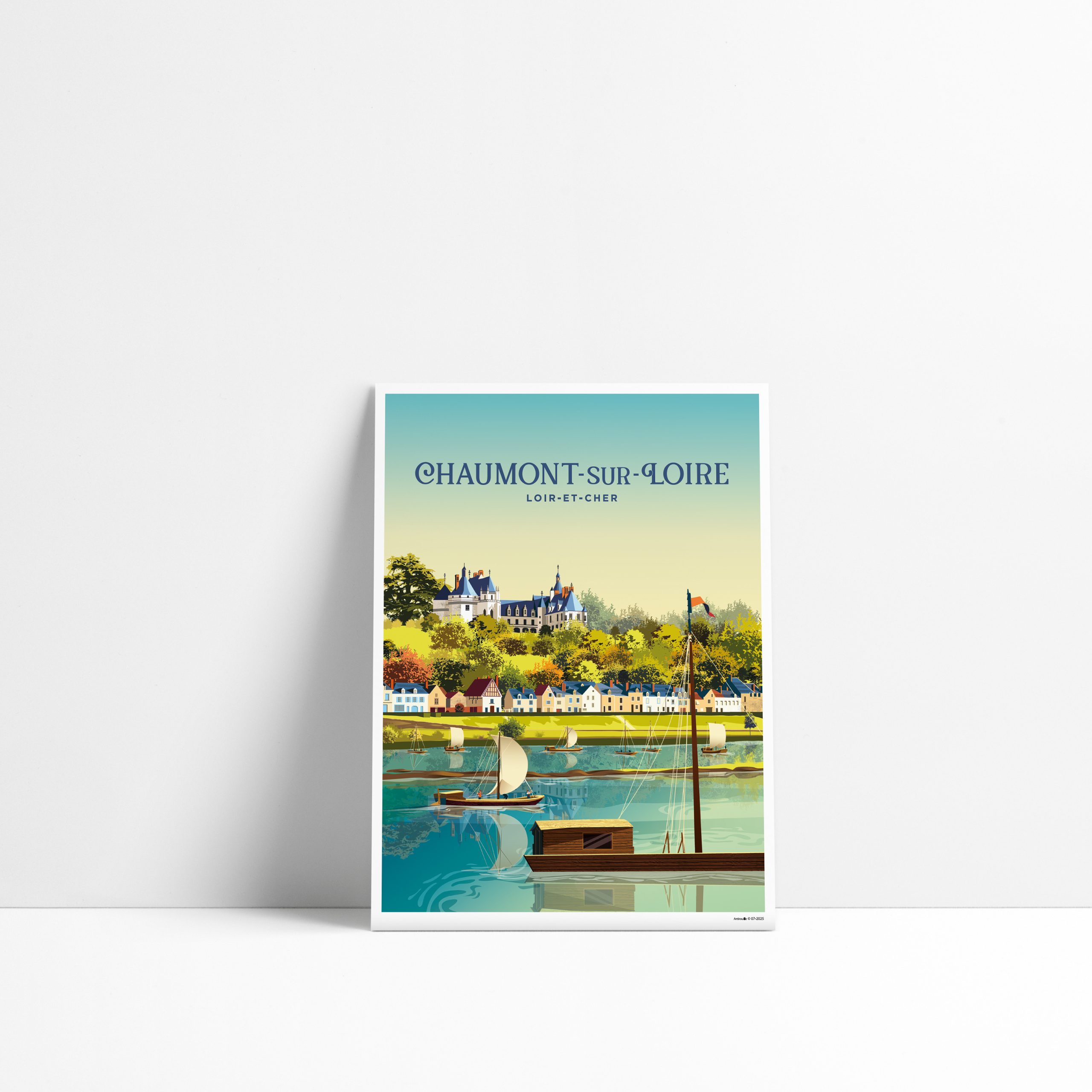 Carte postale illustrée de Chaumont-sur-Loire avec son château et des toues cabanées sur la Loire