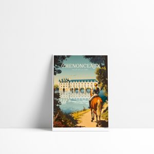 Carte postale illustrée de Chenonceaux avec une promenade équestre près du château en Indre-et-Loire