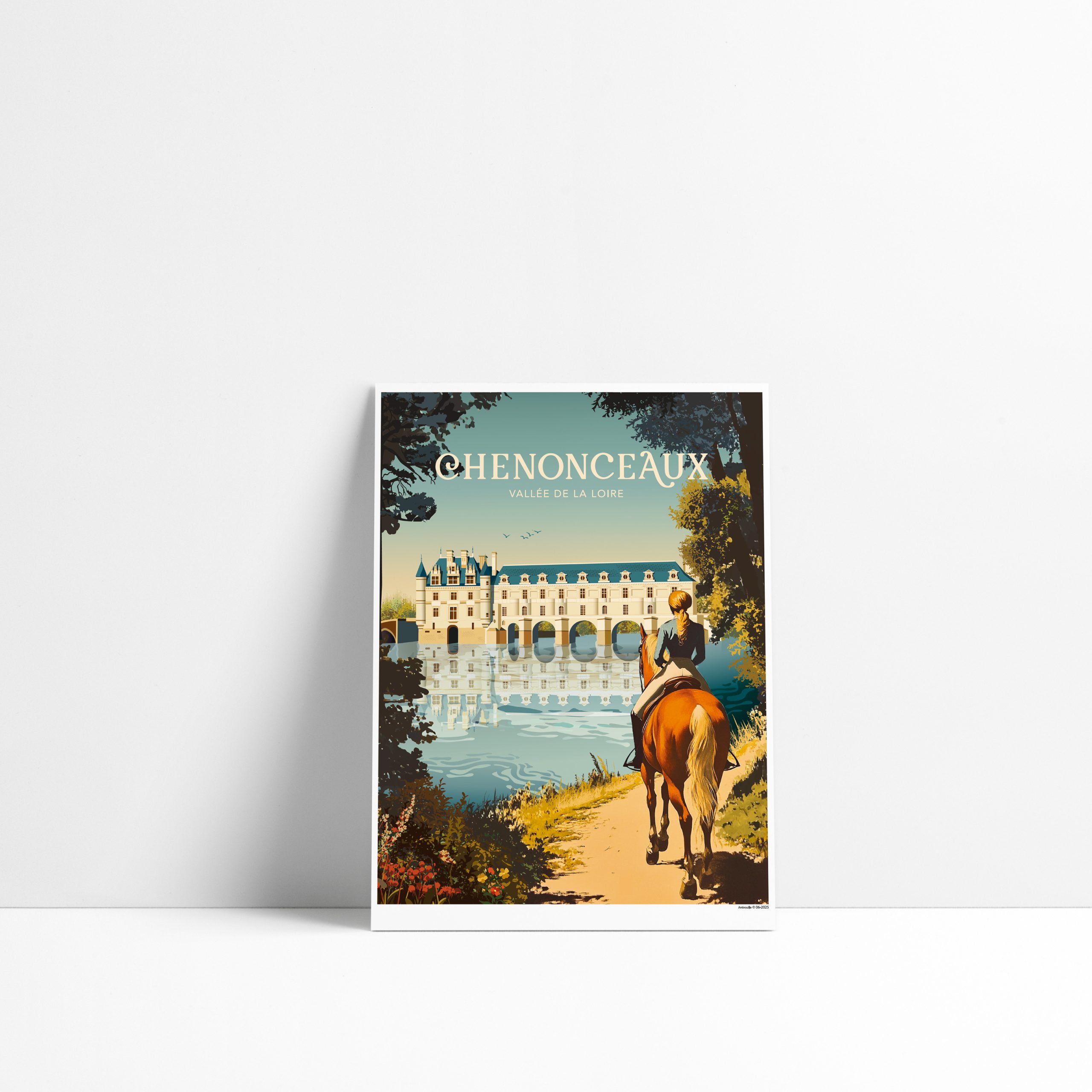Carte postale illustrée de Chenonceaux avec une promenade équestre près du château en Indre-et-Loire