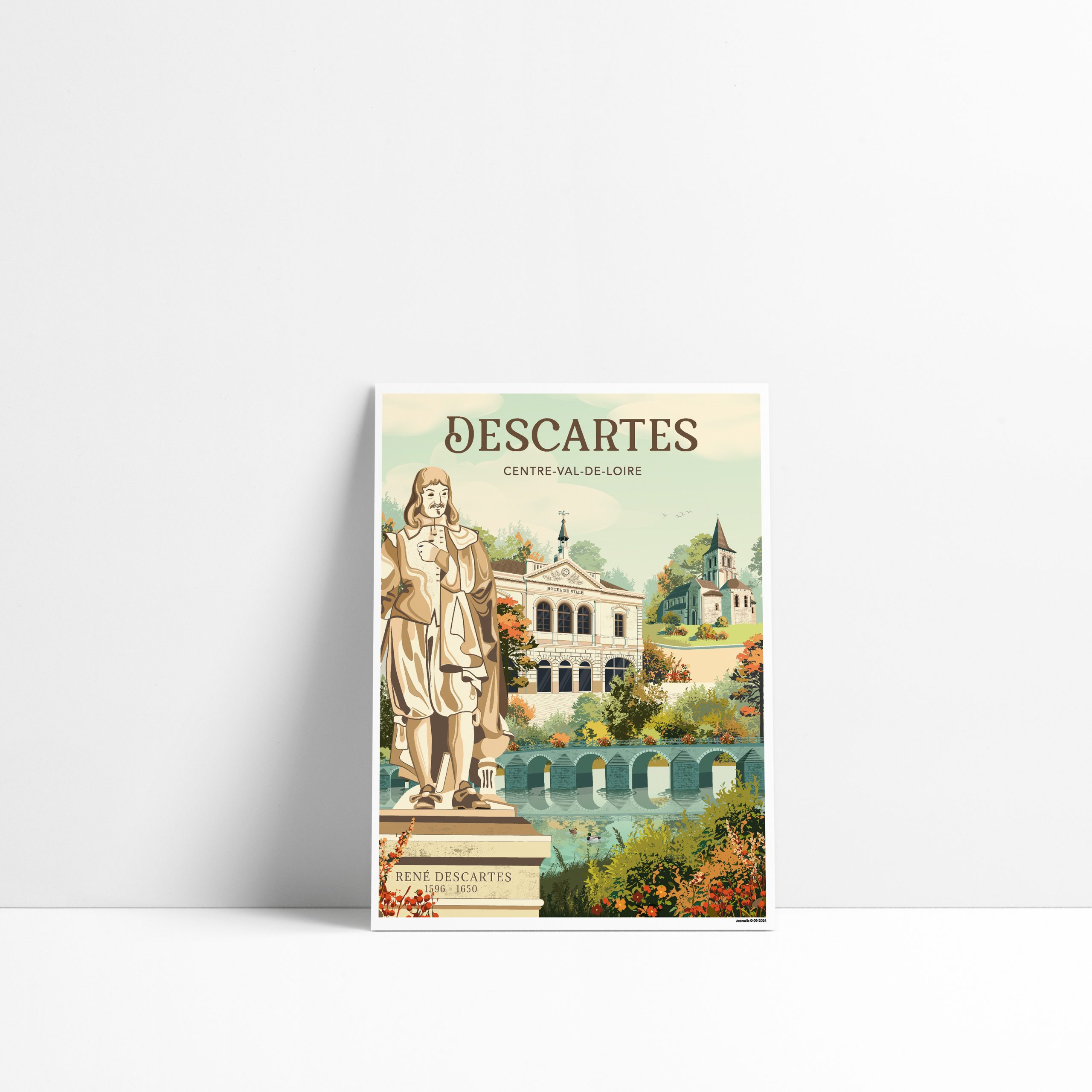 Carte postale illustrée de Descartes, ville natale du philosophe, en Indre-et-Loire